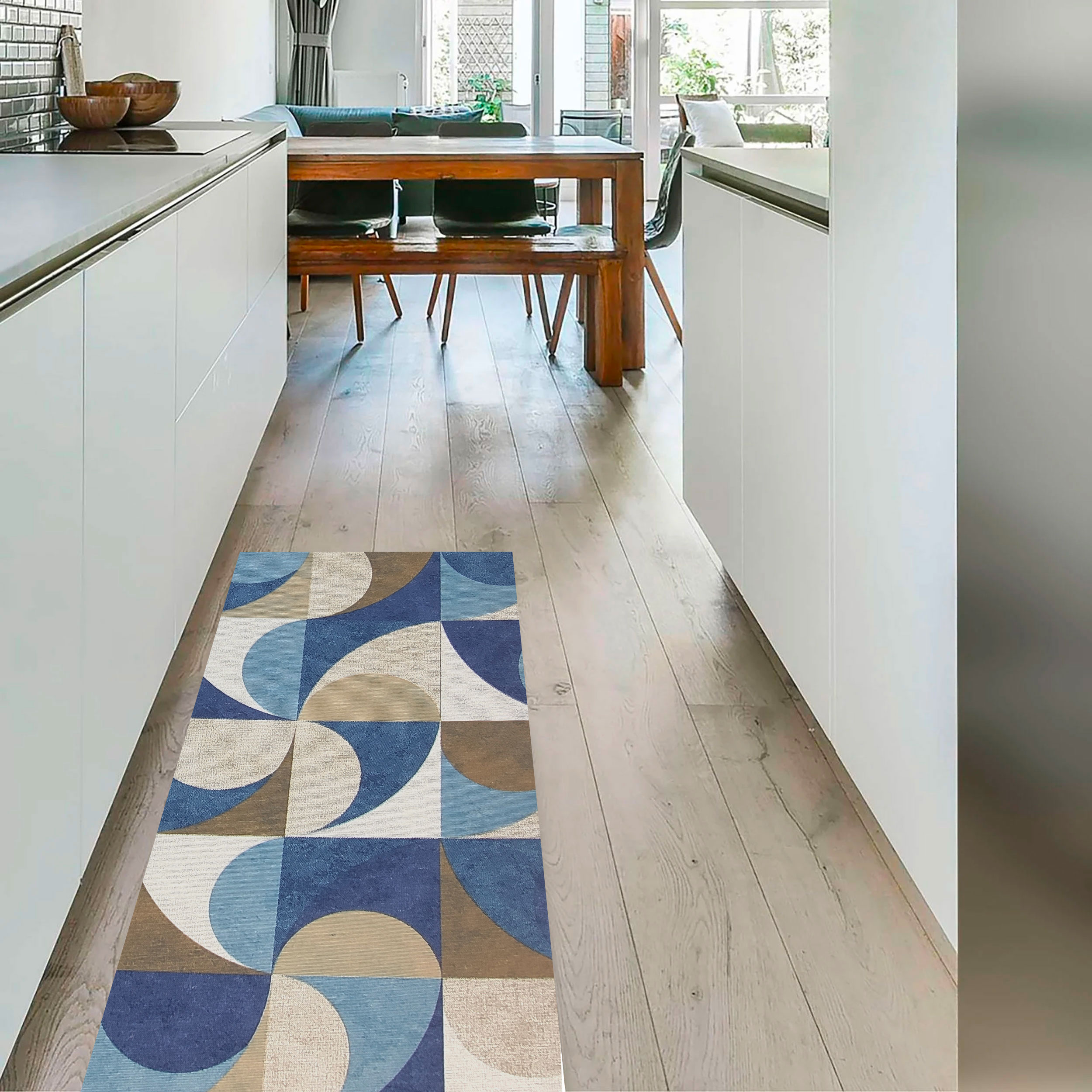 Passatoia da Cucina Geometrica Azzurra e Beige