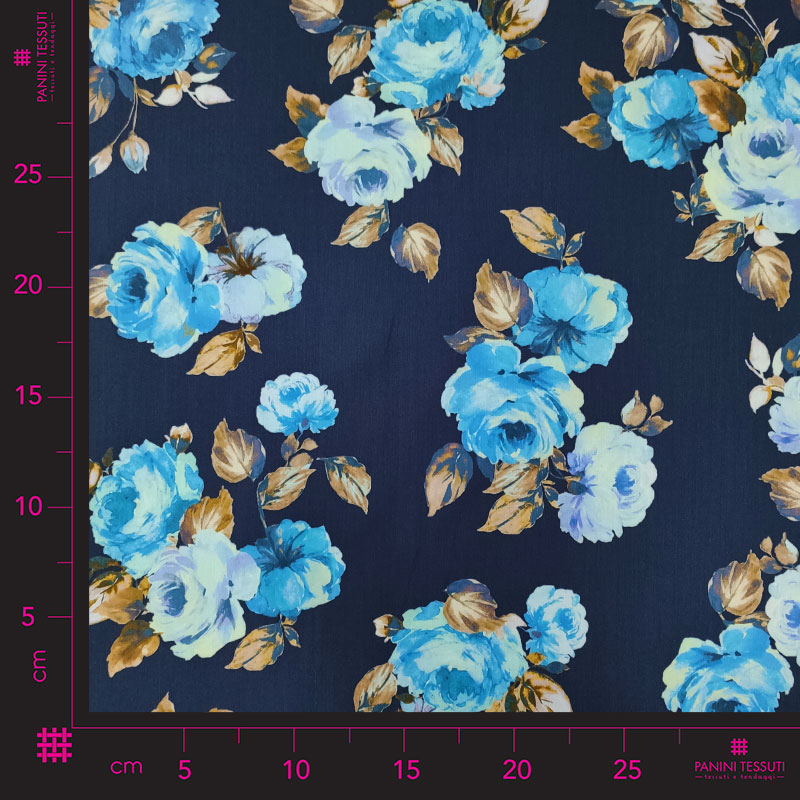 Tessuti cotone abbigliamento rose azzurre sfondo blu