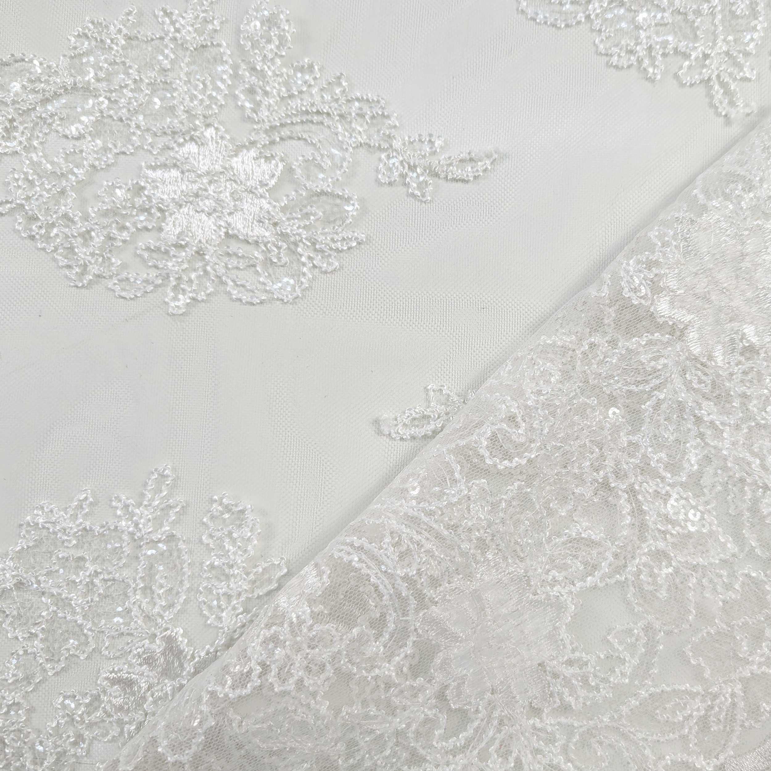 Tessuto Tulle Ricamo Paillettes Doppio Smerlo Bianco Image