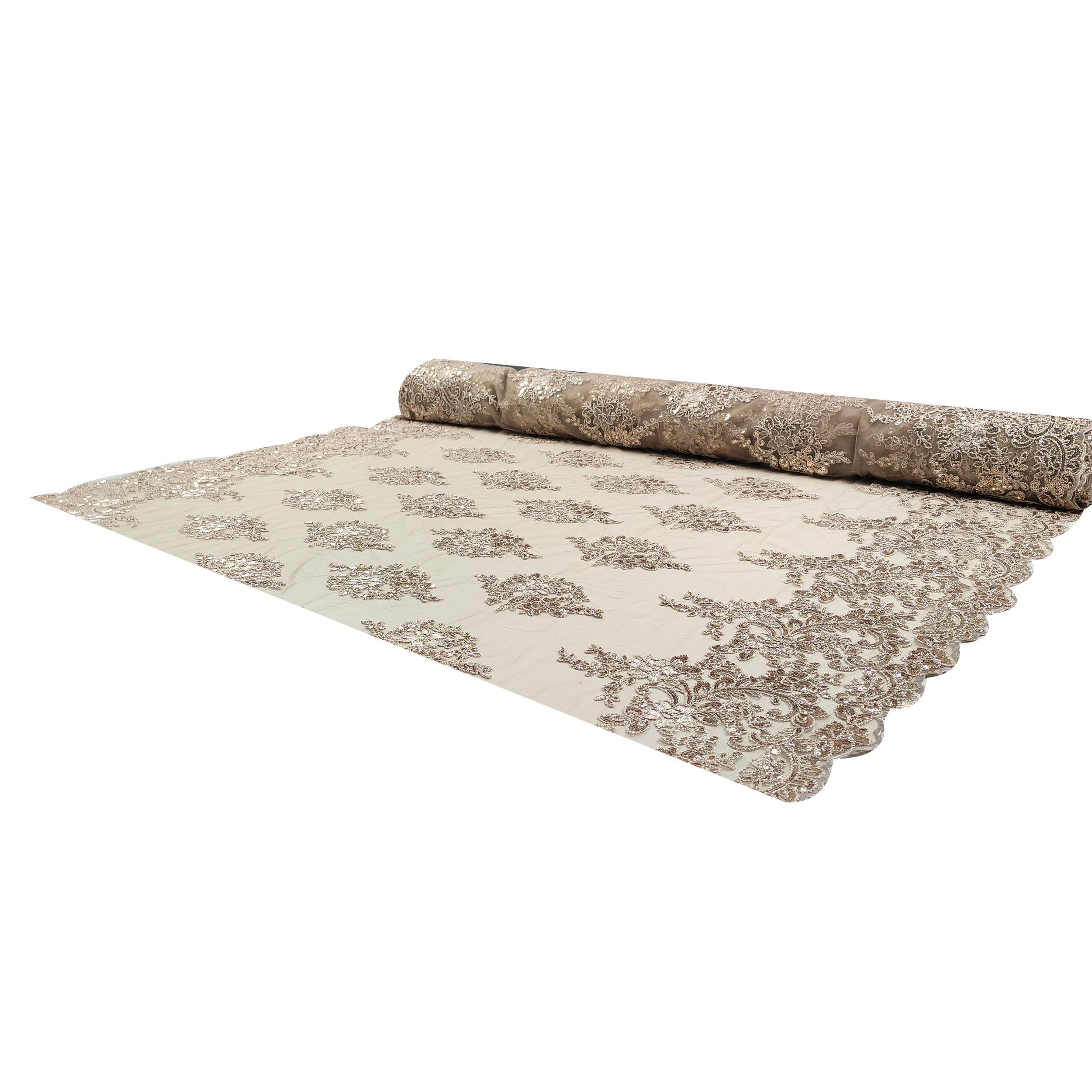 Tessuto Tulle Ricamo Paillettes Doppio Smerlo Beige