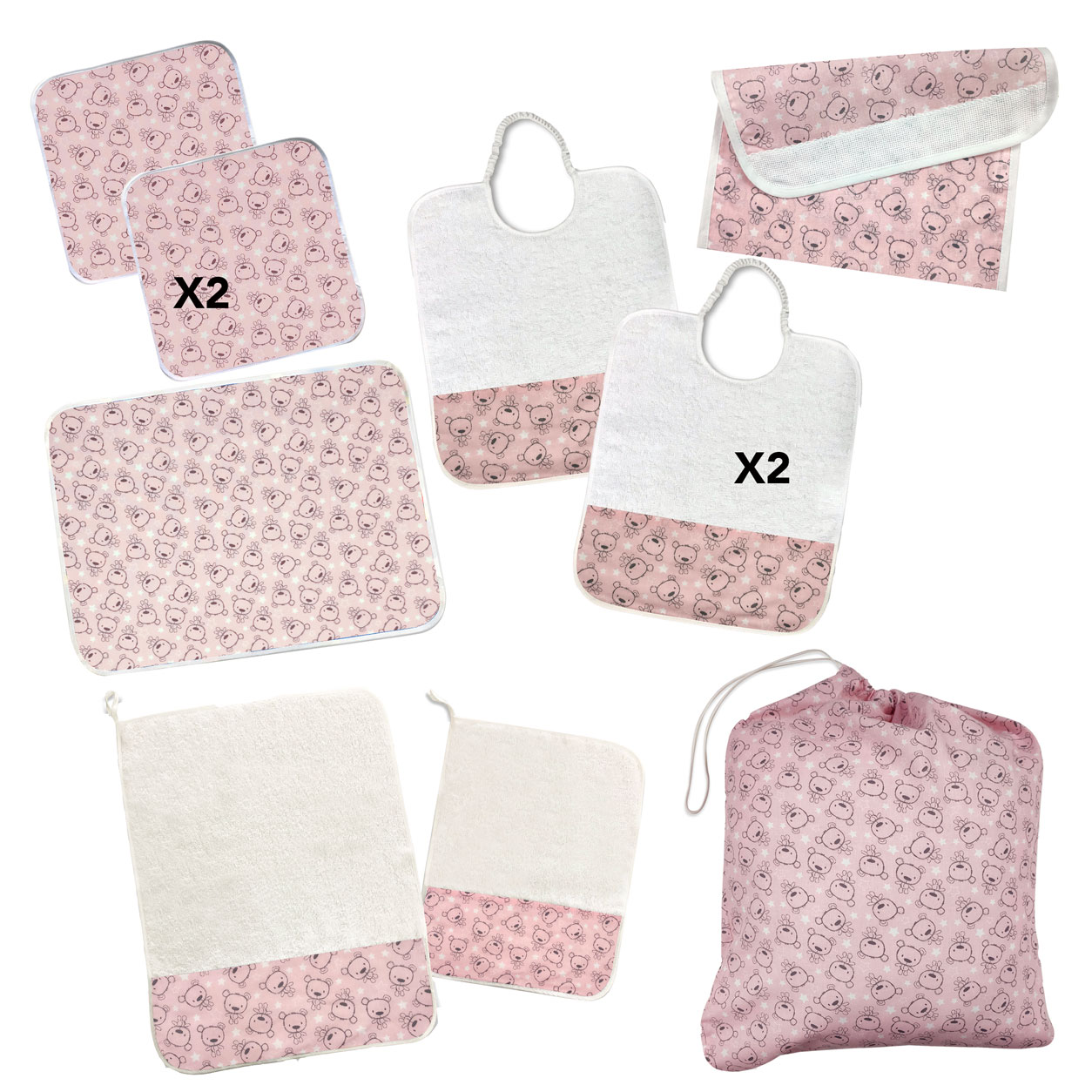 set-asilo-coordinato-pappa-asciugamani-e-sacchetto-orsetti-sfondo-rosa