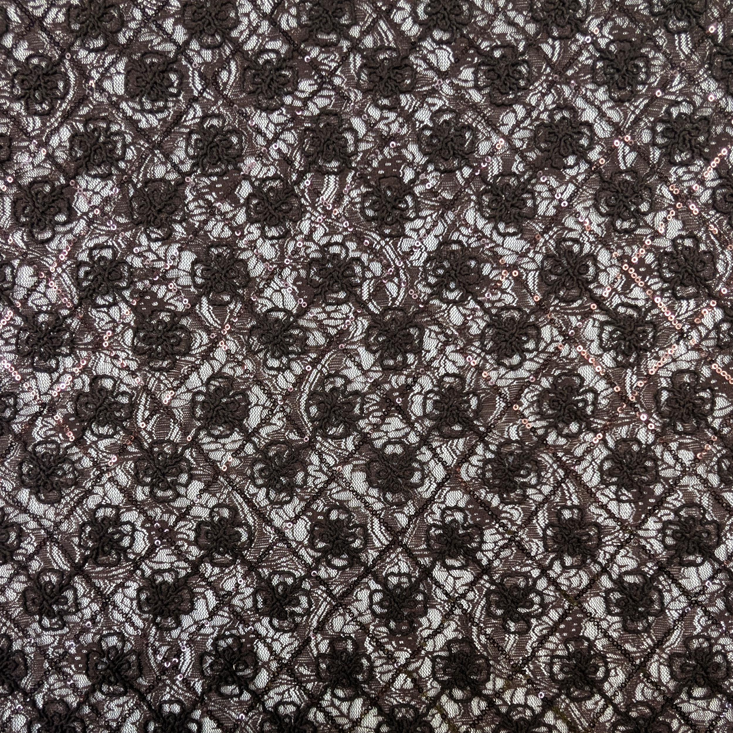 Pizzo Bielastico Fiori Ricamati e Paillettes Marrone Image