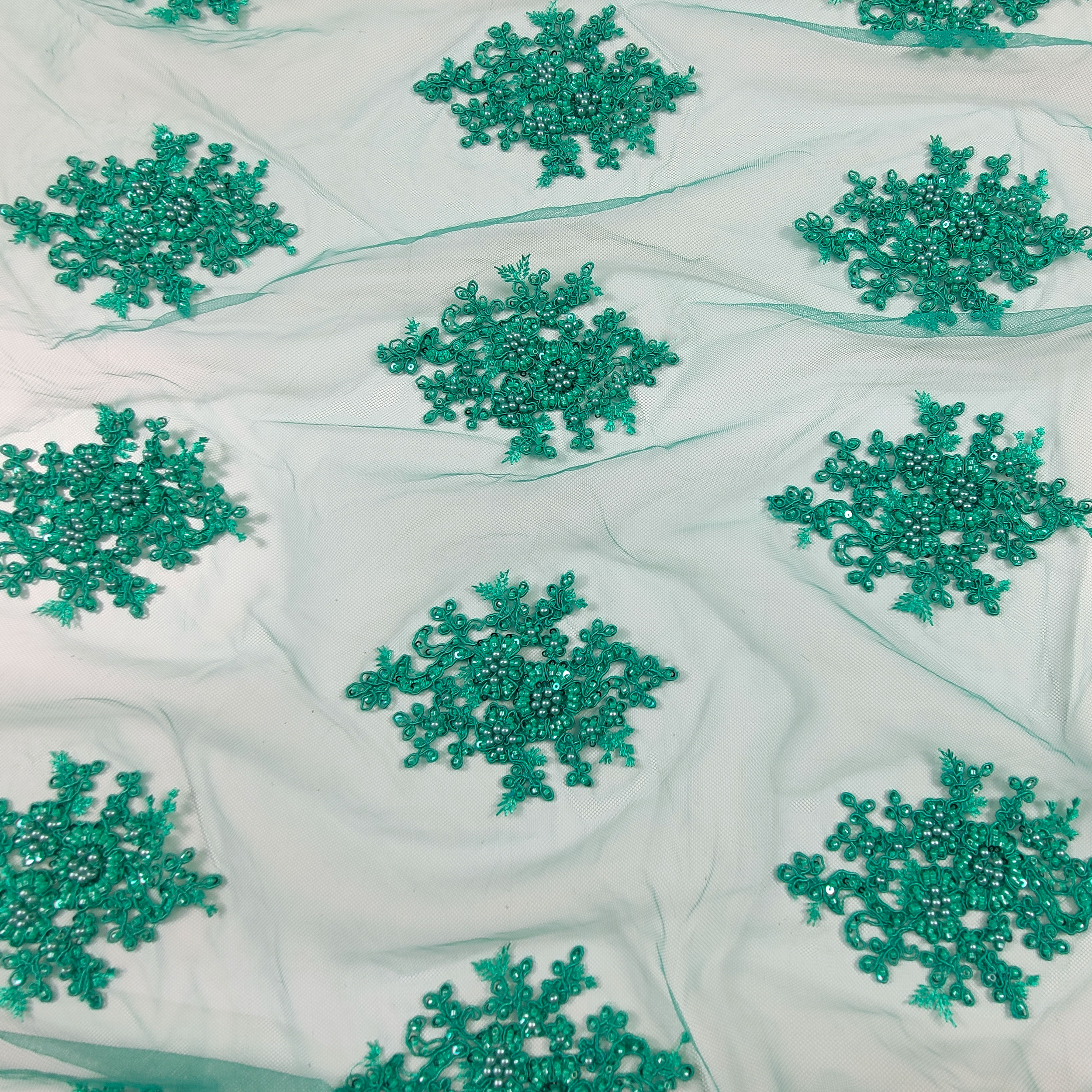 Tulle Ricamato Perline Lux Verde Smeraldo