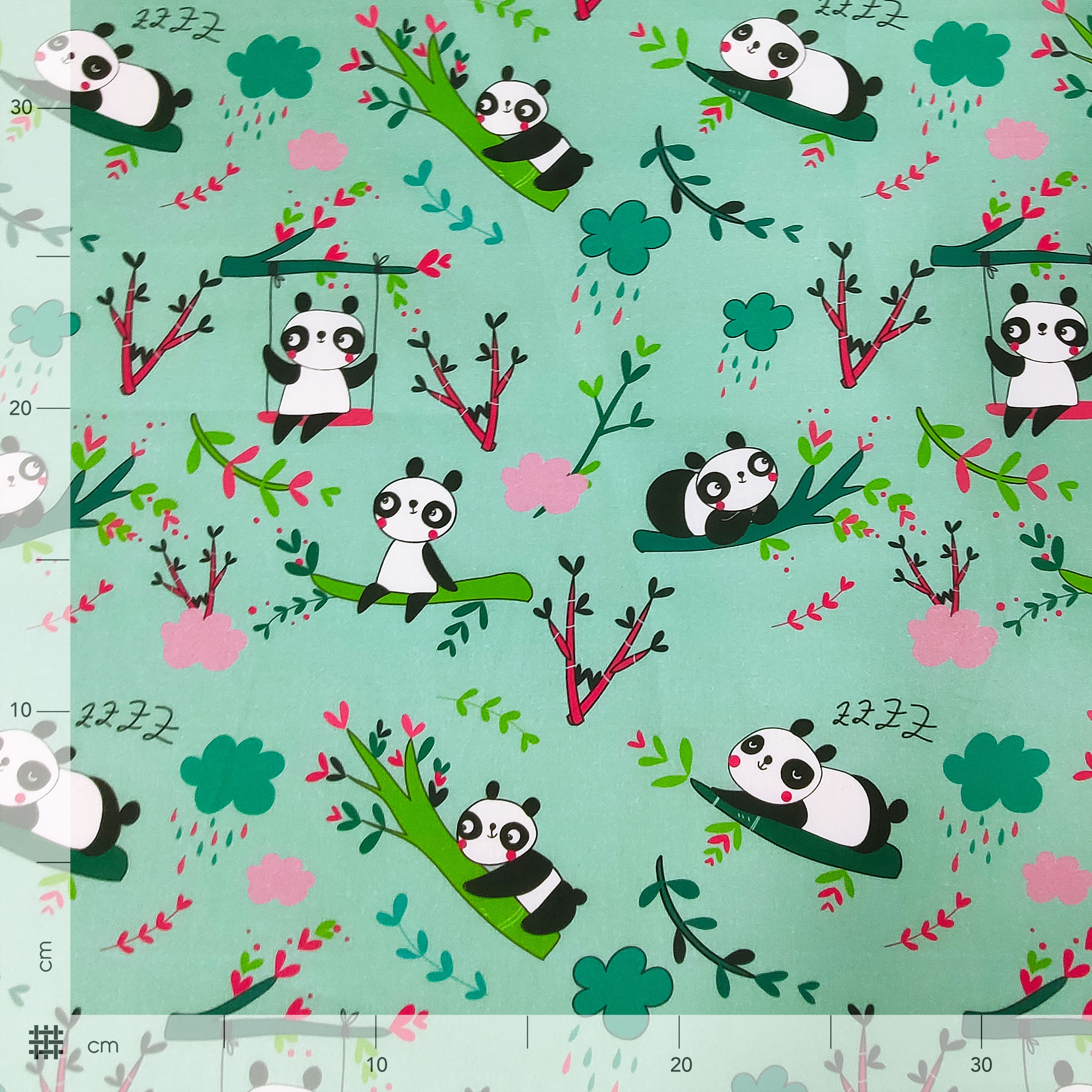 Ritaglio Cotone Panda Grandi Sfondo Verde Menta 50x150 cm