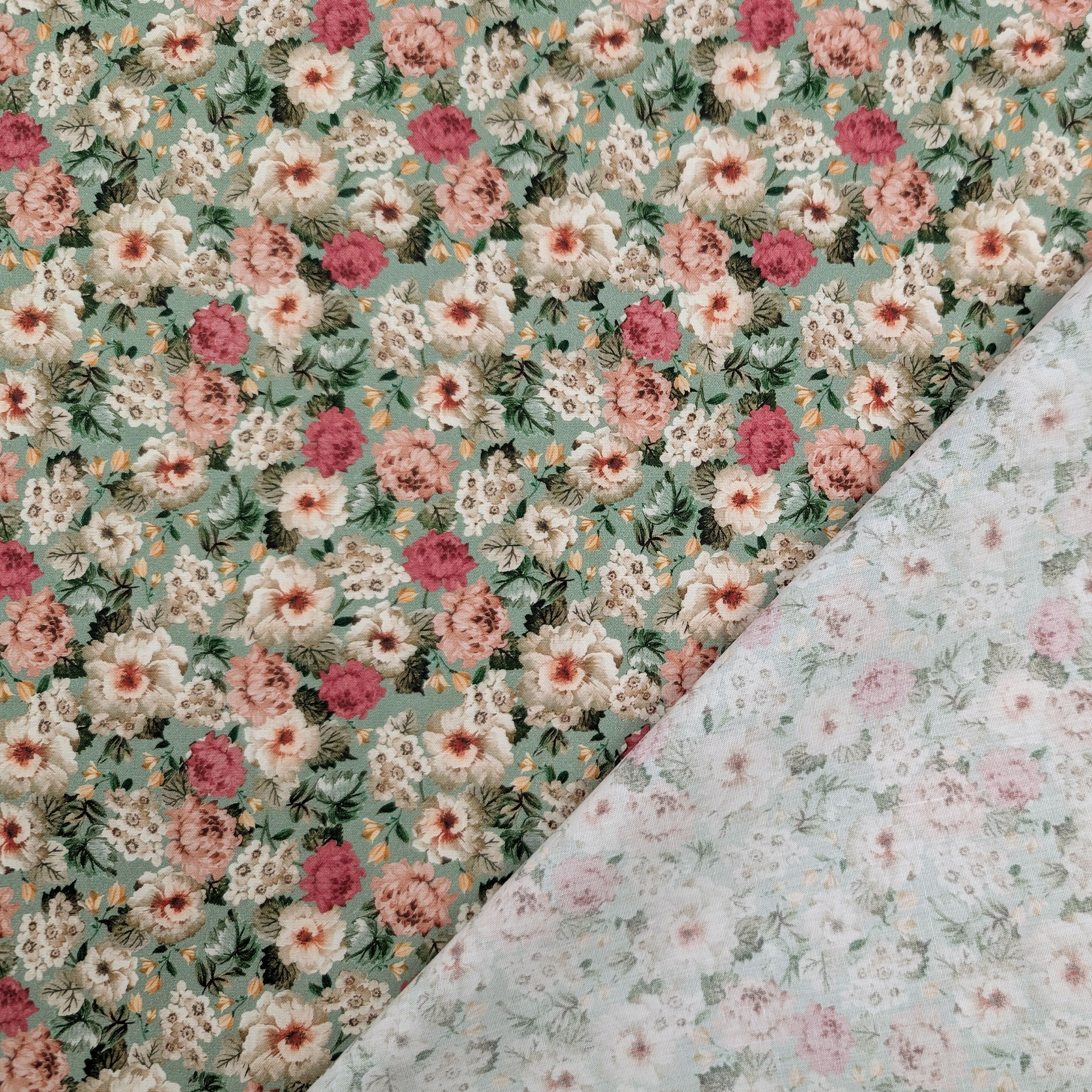 Popeline Cotone Bouquet Romantico Verde Image