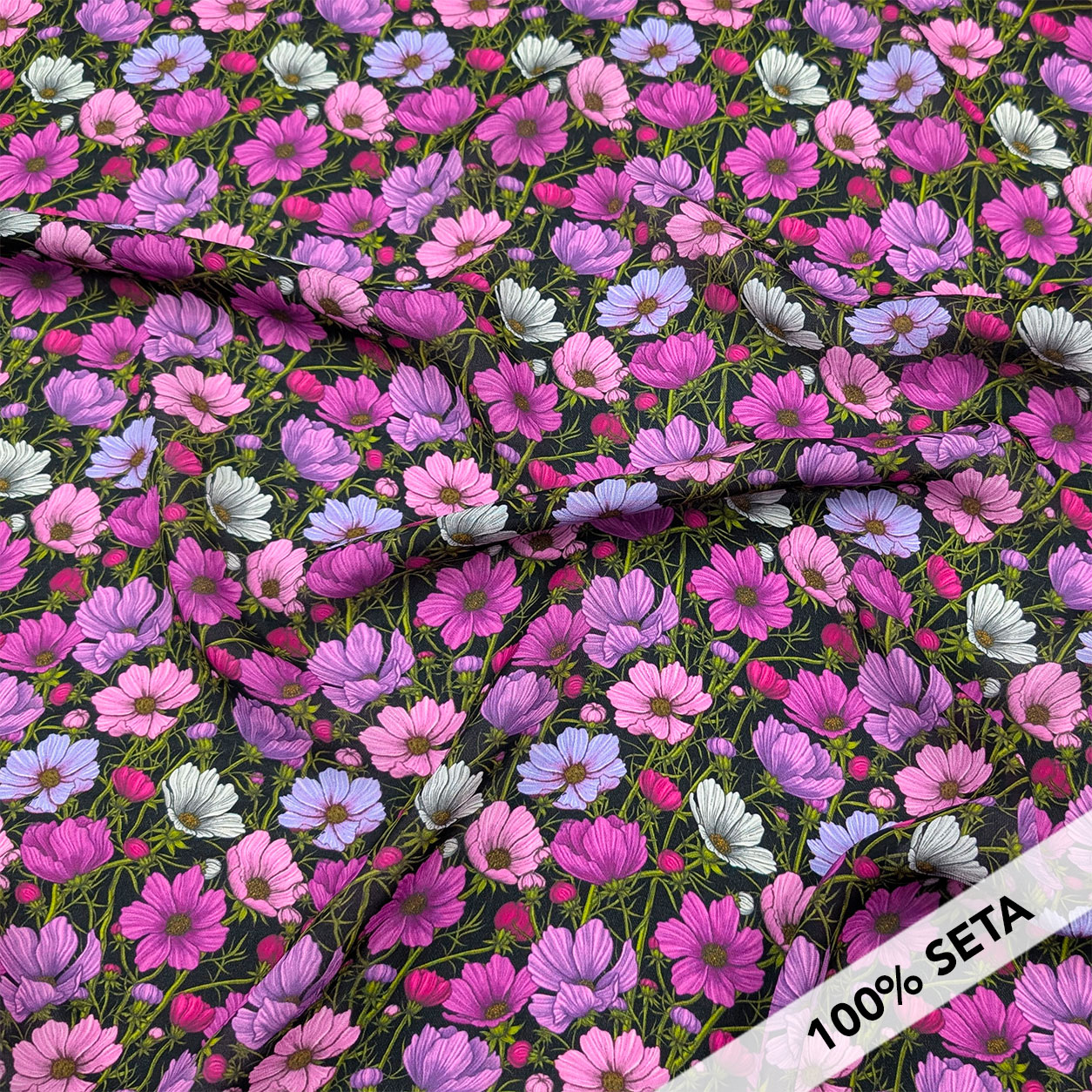 Georgette Pura Seta Fiori Rosa e Lilla Image