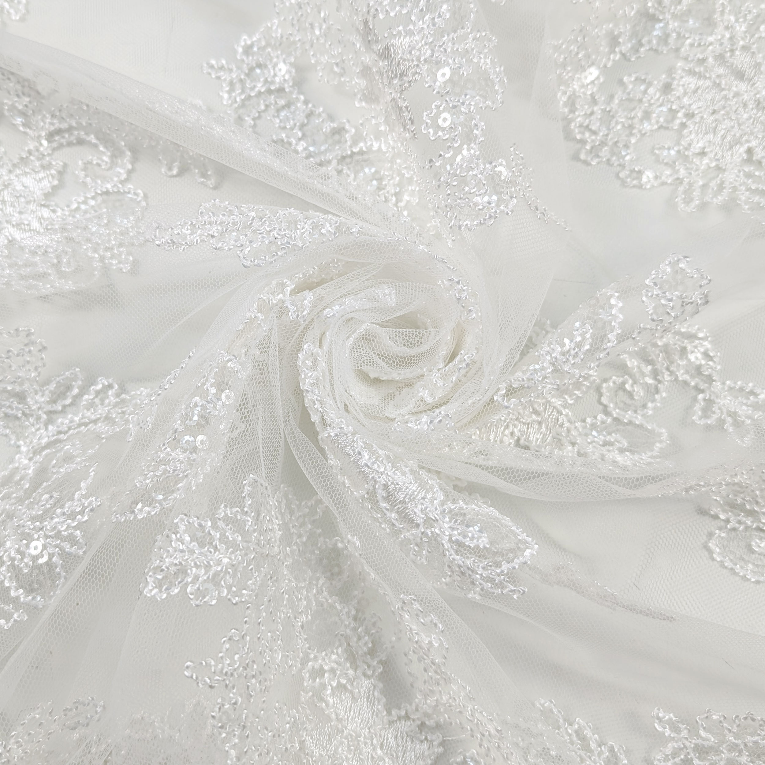 Tessuto Tulle Ricamo Paillettes Doppio Smerlo Bianco Image
