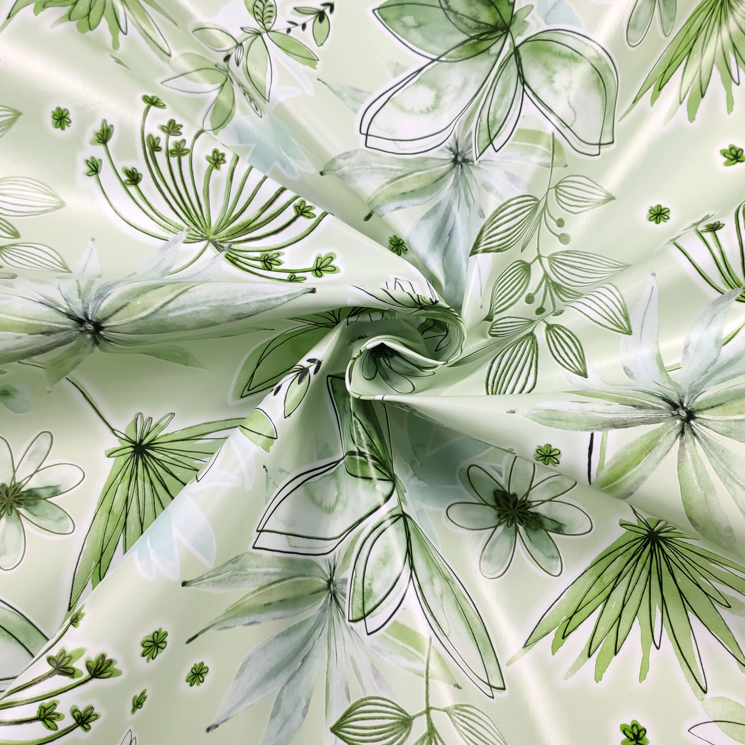 Tessuto per Tovaglia Plastificata Fiori Toni del Verde