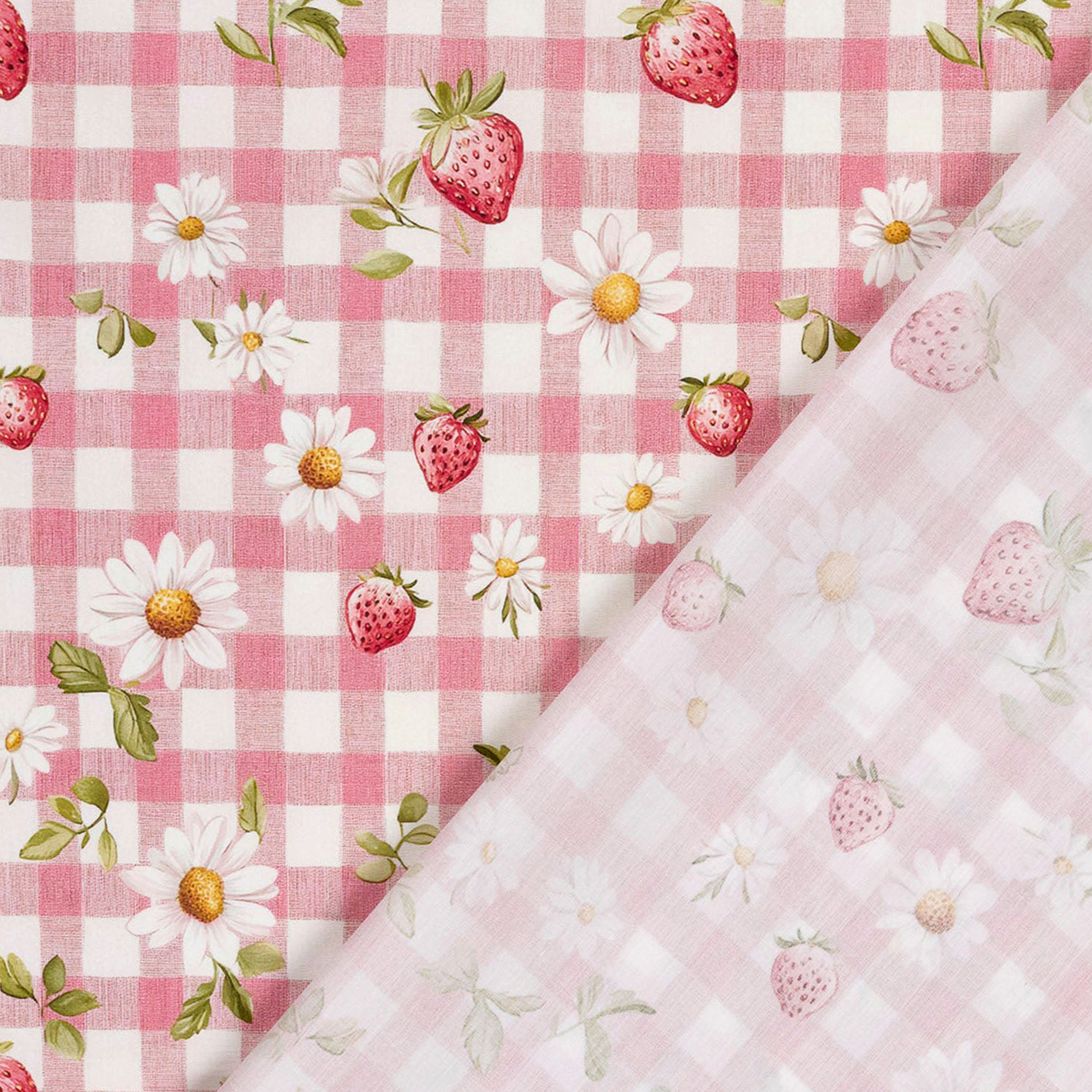 Popeline Cotone Quadretti Rosa e Fragole Image