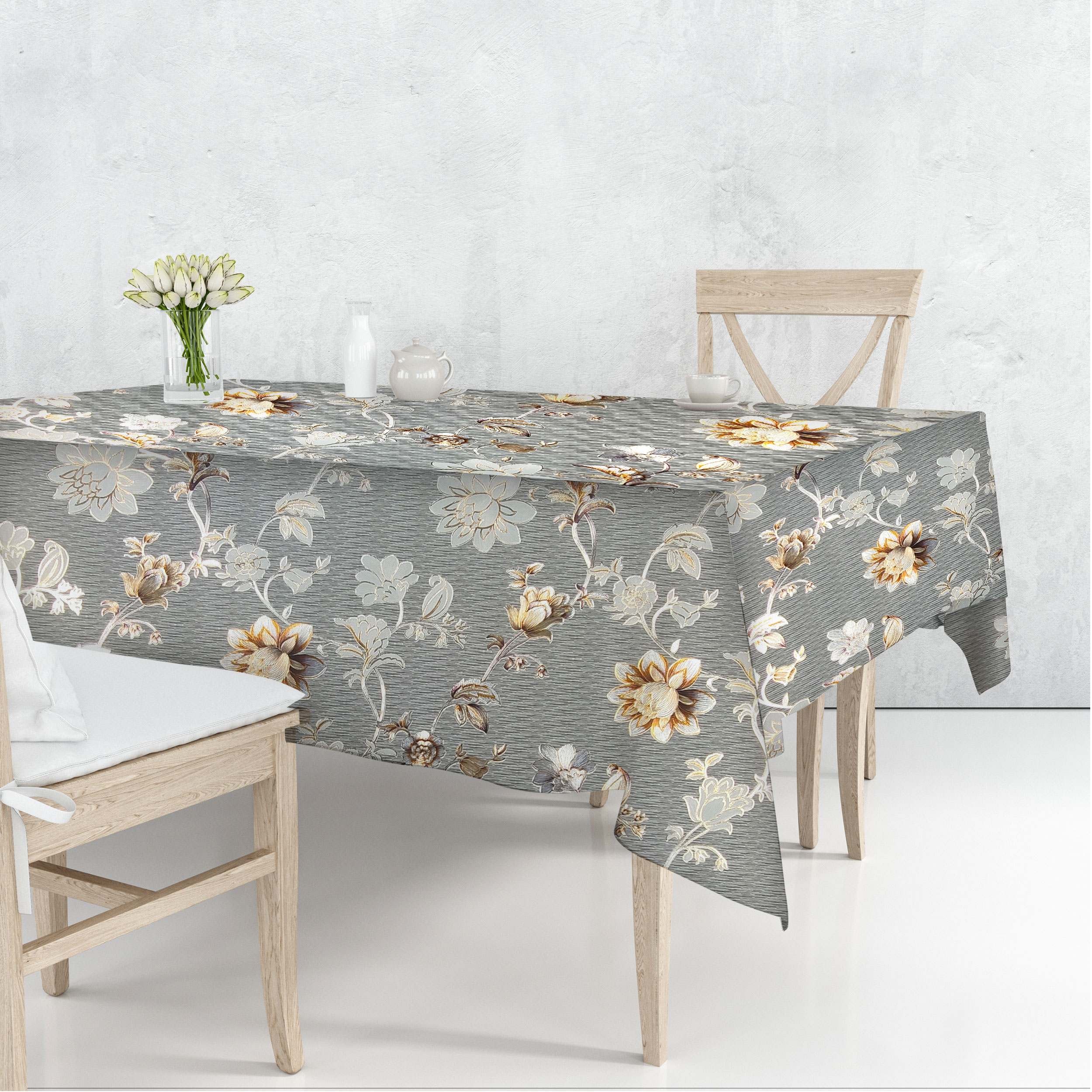 Tessuto Tovaglia Metallizzata Fiori Sfondo Grigio Image