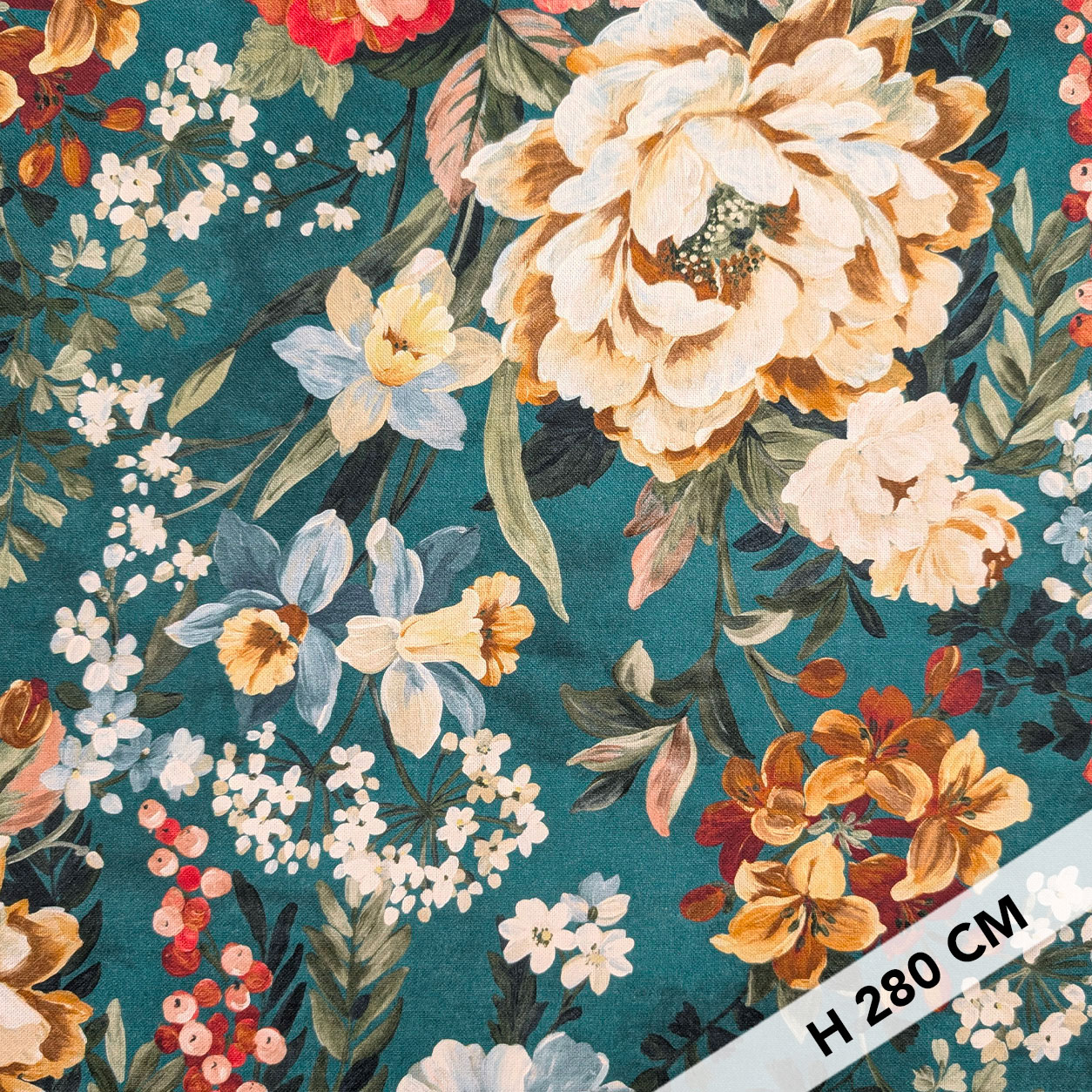 Panama Cotone Fiori Sfondo Petrolio H 280 cm Image