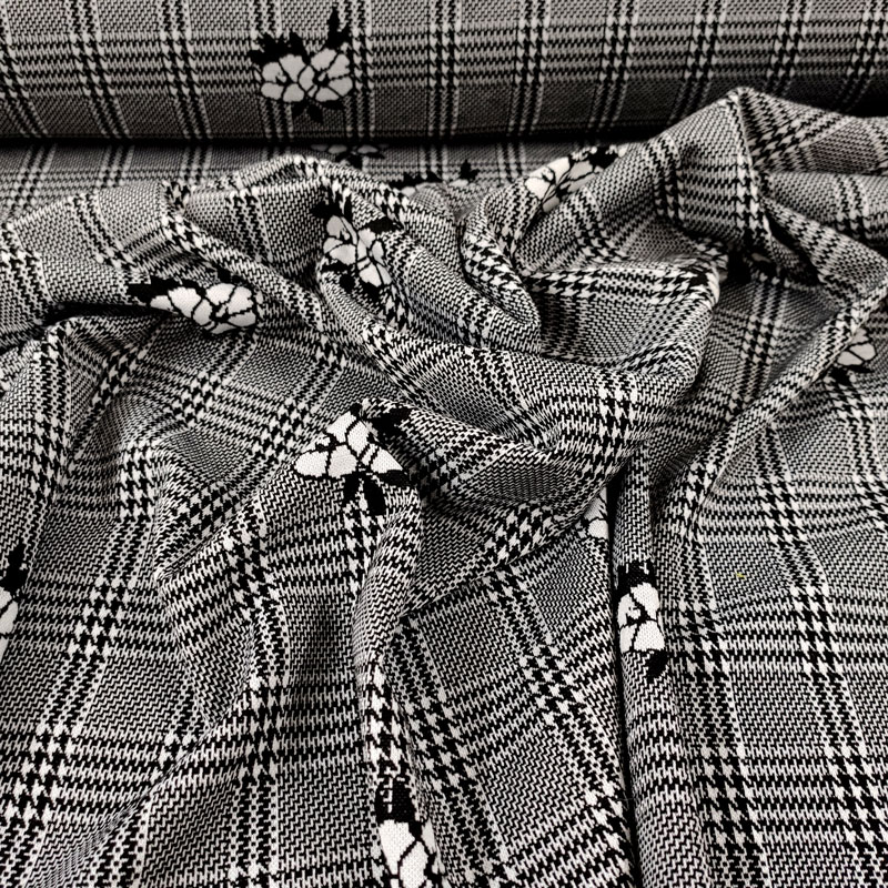 Tartan Punto Milano Principe di Galles con Fiori Bianchi