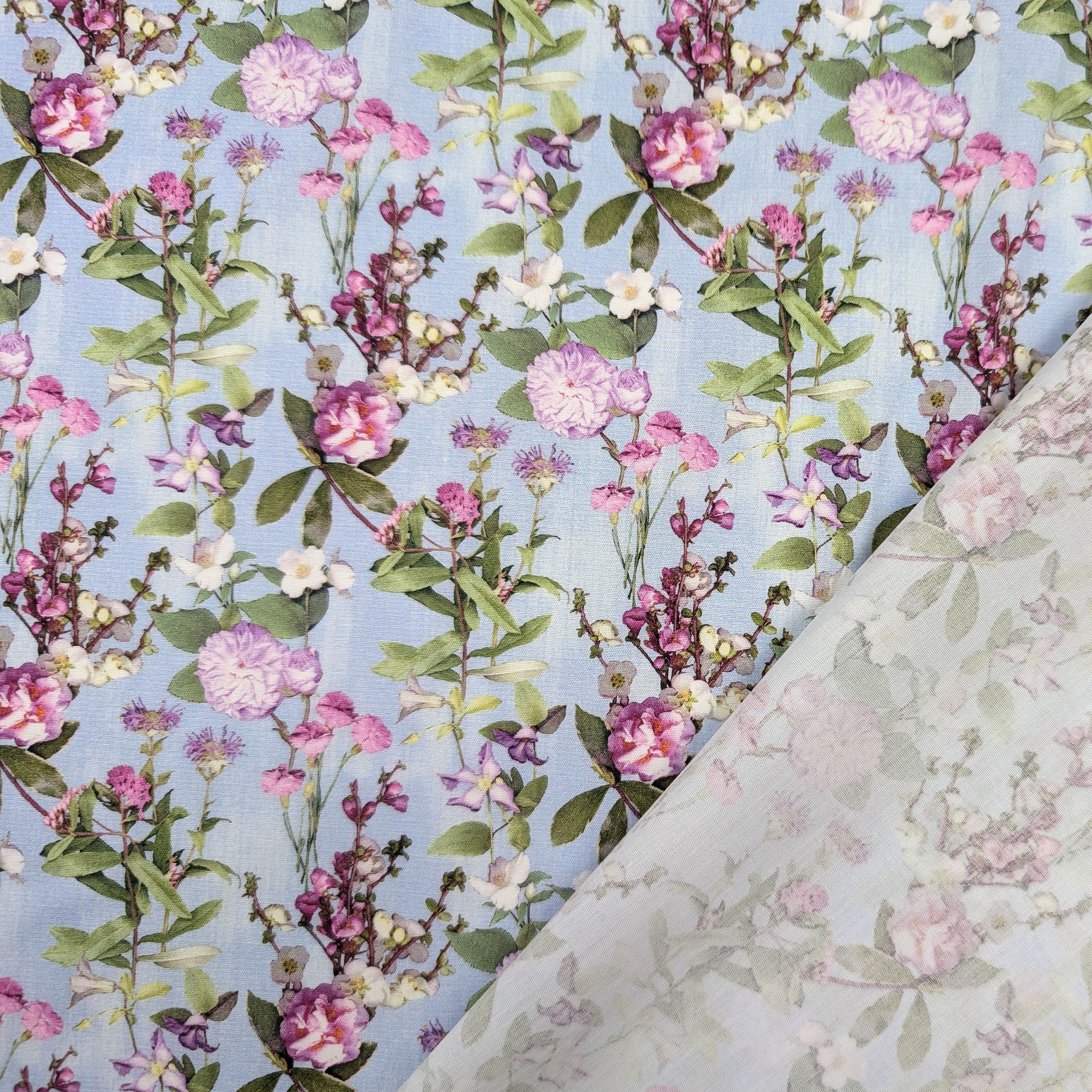 Popeline Cotone Floreale Fiori Fuxia e Lilla Image