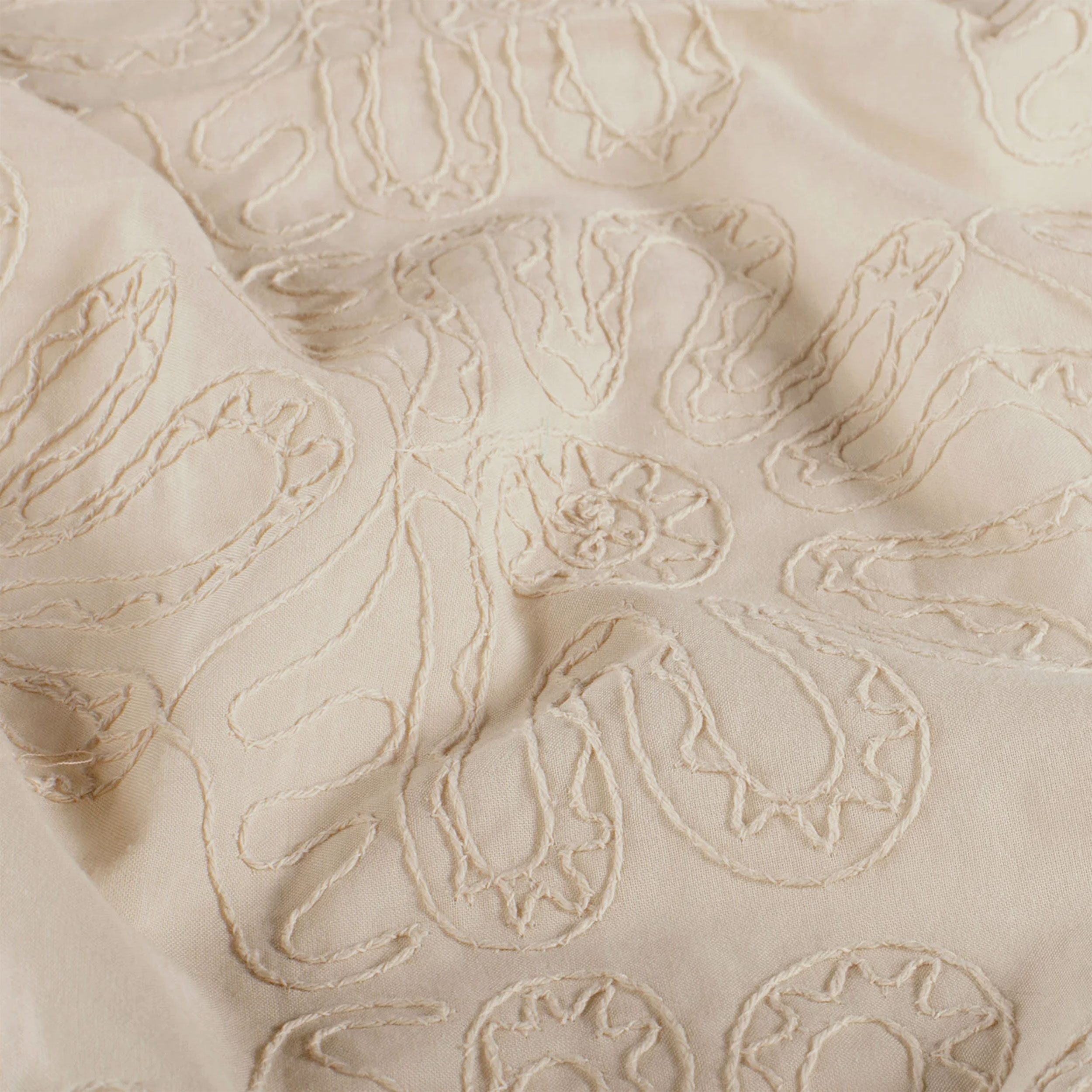 Popeline di Cotone Fantasia Floreale Ricamata Beige Image