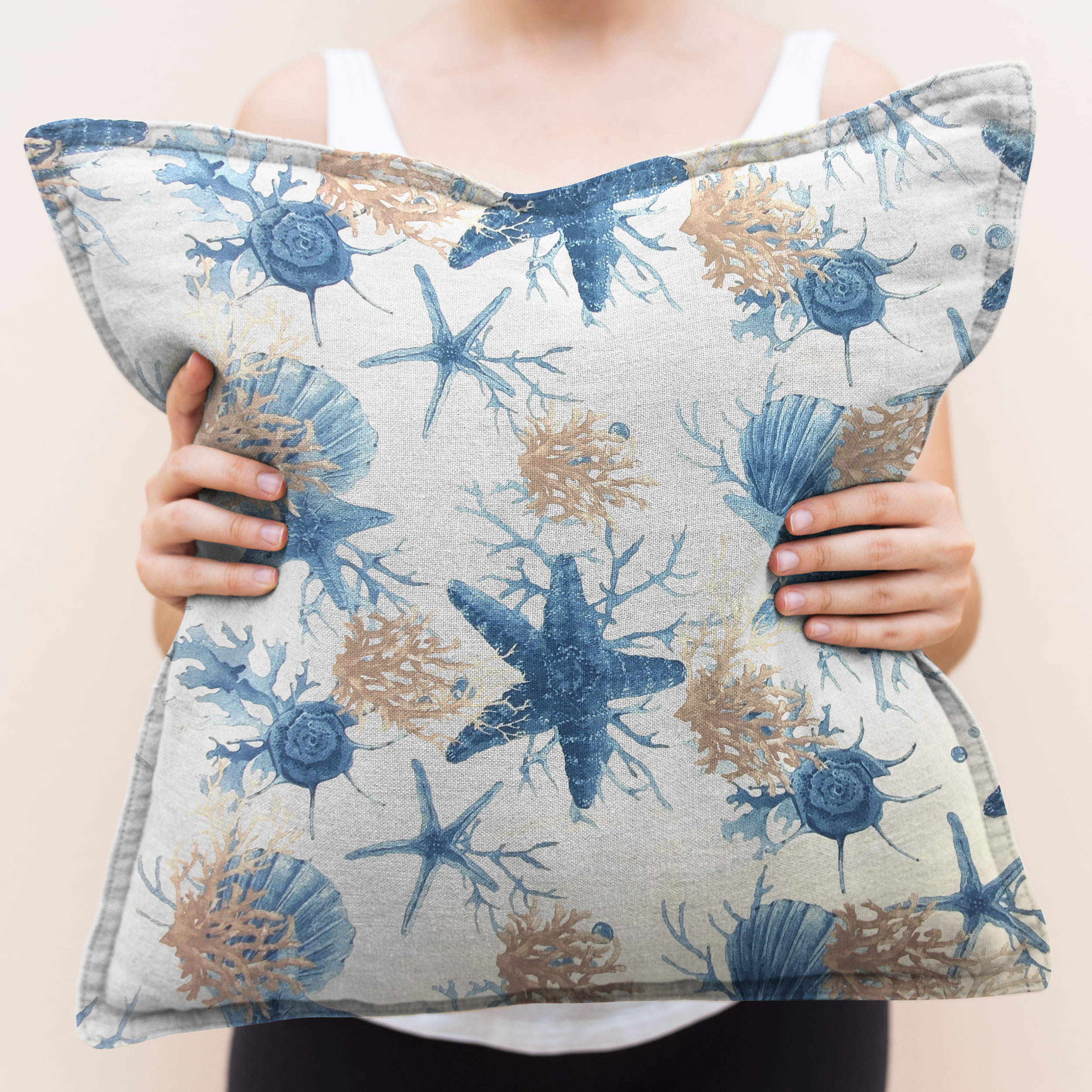 Tessuto Panama Fantasia Coralli Stelle Marine Blu