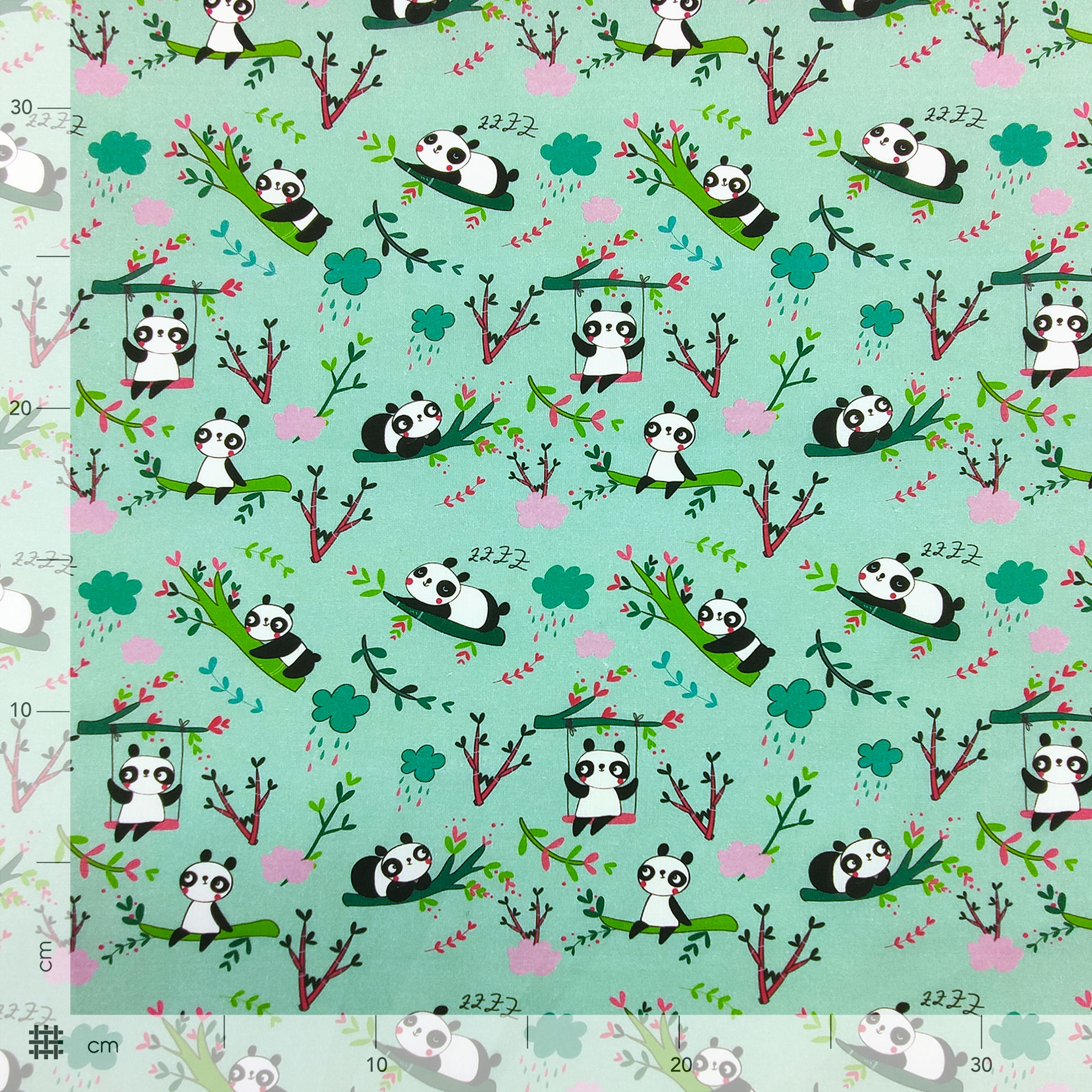 Ritaglio Cotone Panda Piccoli Sfondo Verde Menta 50x150 cm