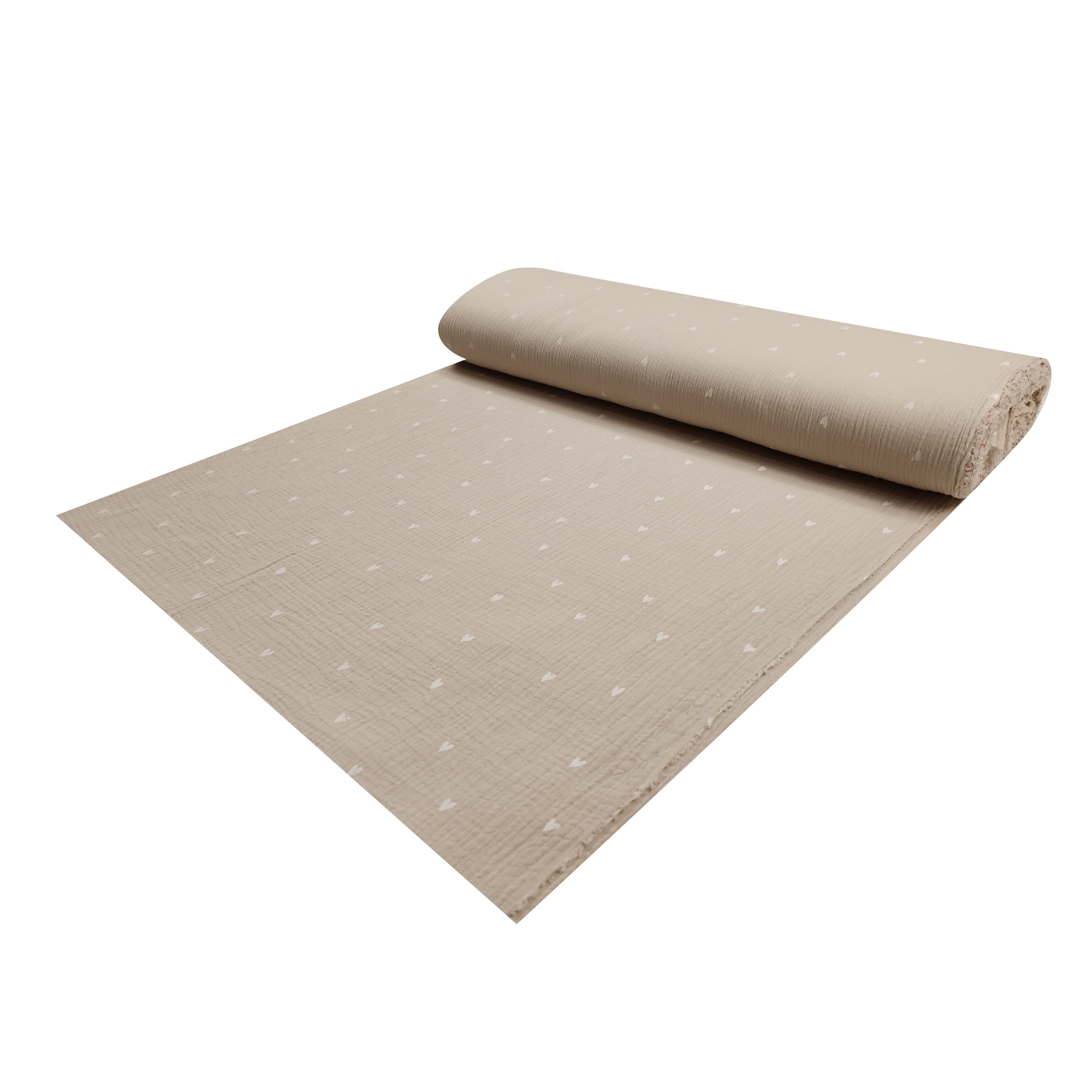 Mussola Cotone Beige Cuoricini Bianchi
