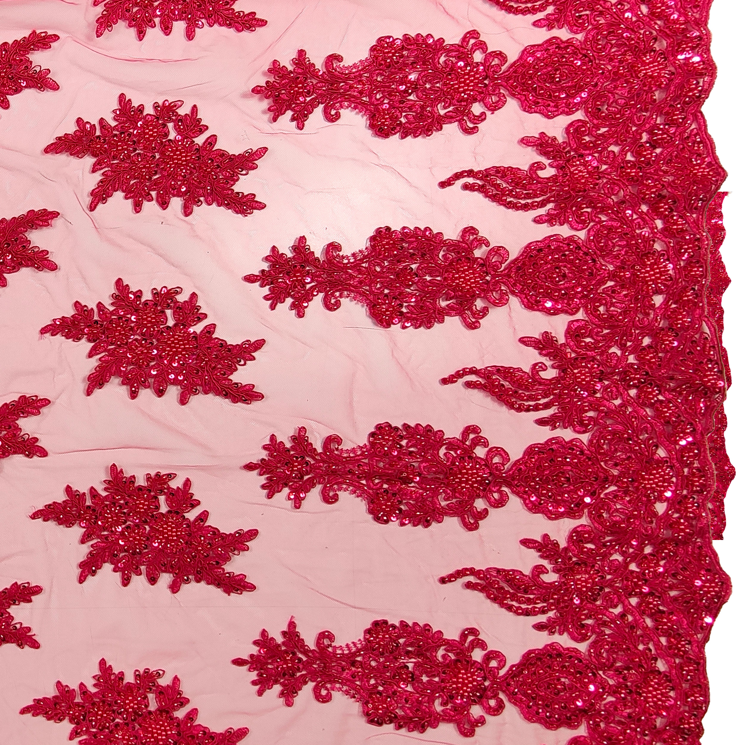 Pizzo Alta Moda Floreale Perline Magenta Ricamate Doppio Bordo Image