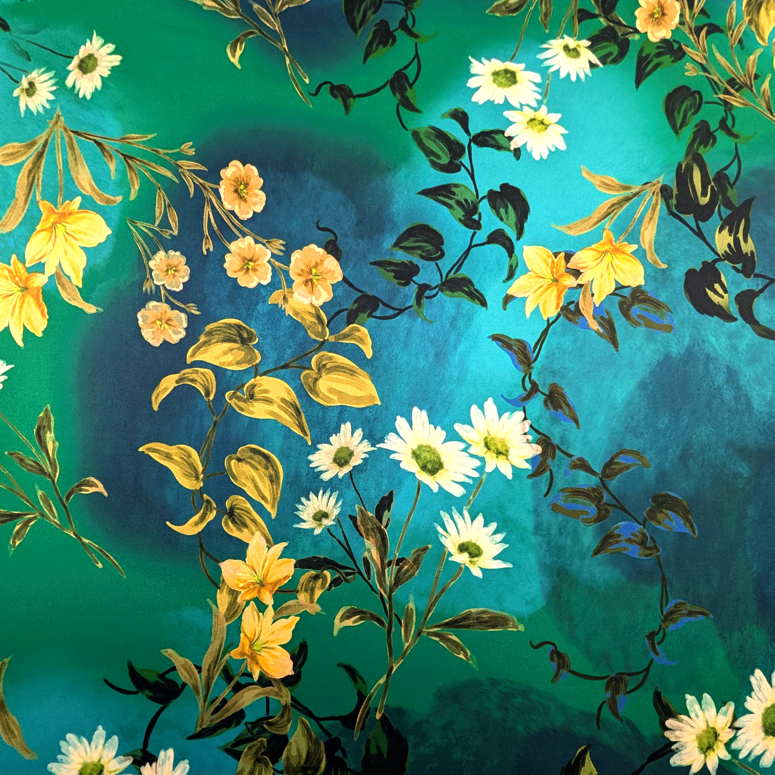 Ritaglio Rasetto con Fiori su Sfondo Blu Verde 70x145 cm Image