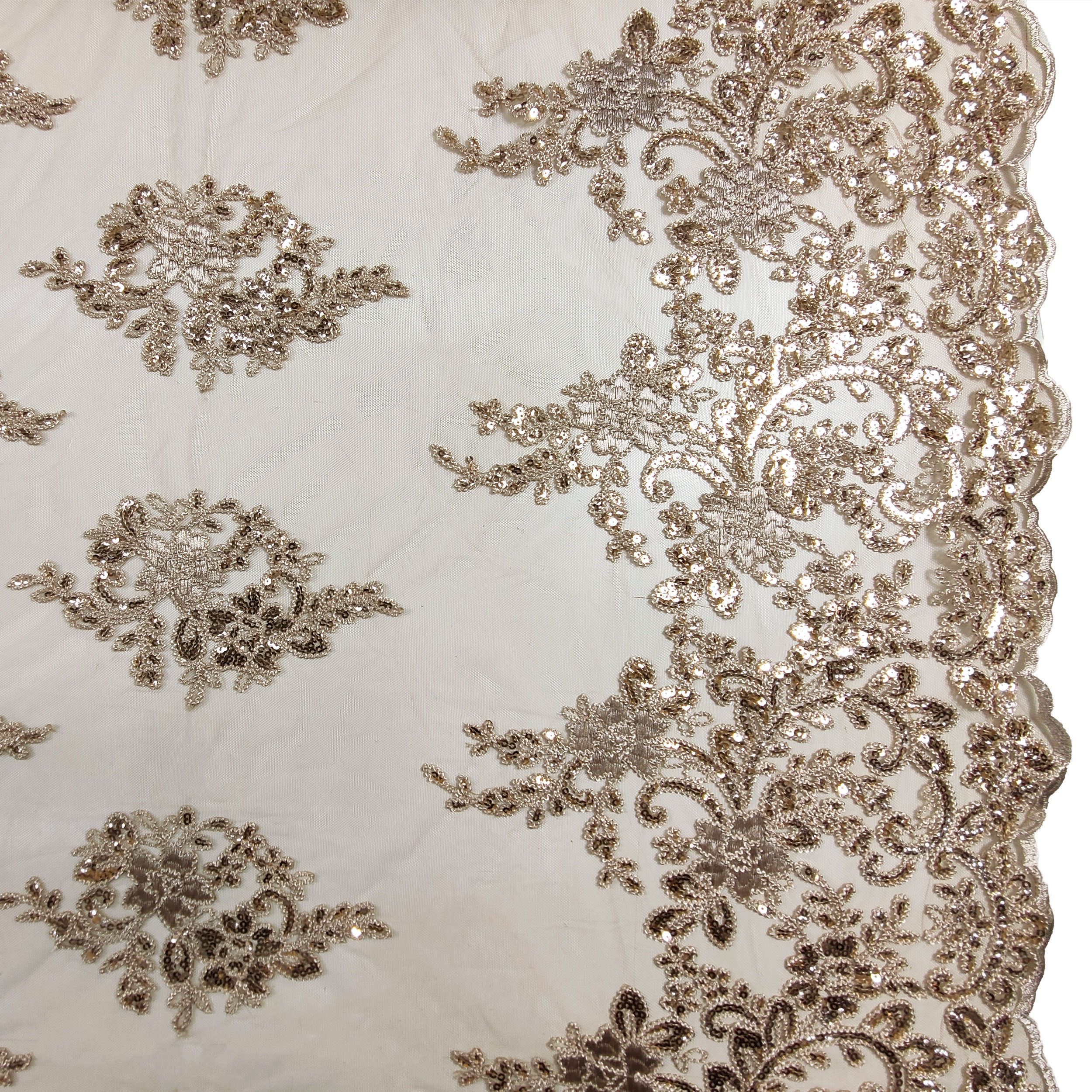 Tessuto Tulle Ricamo Paillettes Doppio Smerlo Beige