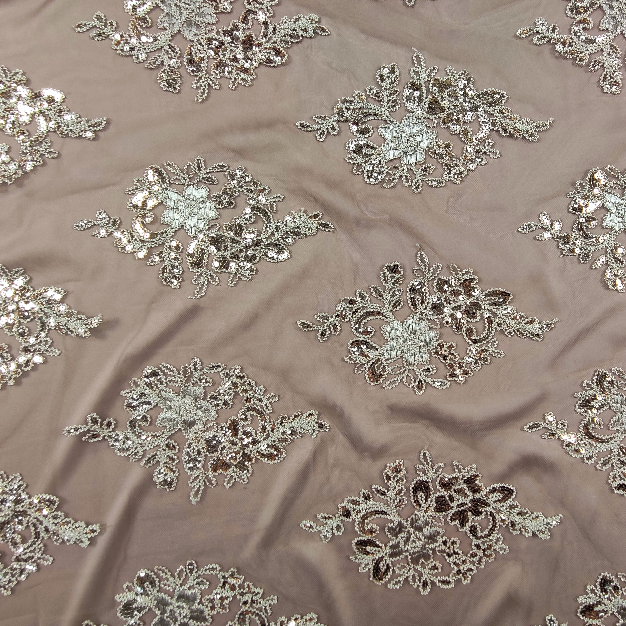 Tessuto Tulle Ricamo Paillettes Doppio Smerlo Beige