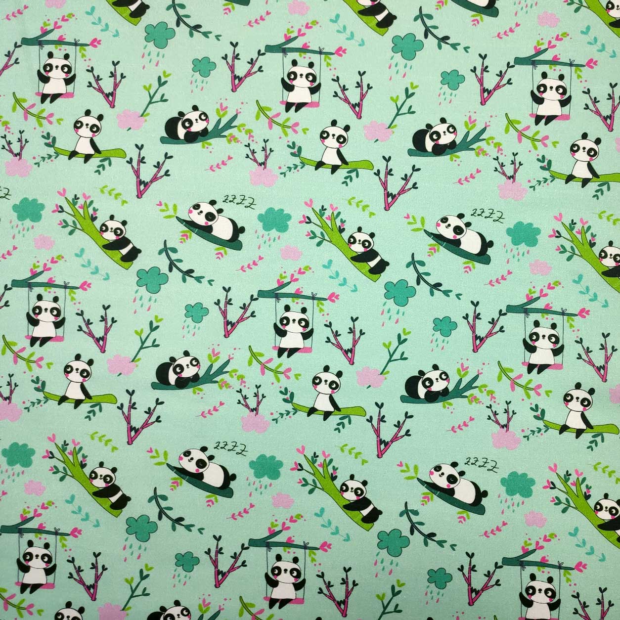 Cotone Panda Piccoli Sfondo Verde Menta - Panini Tessuti