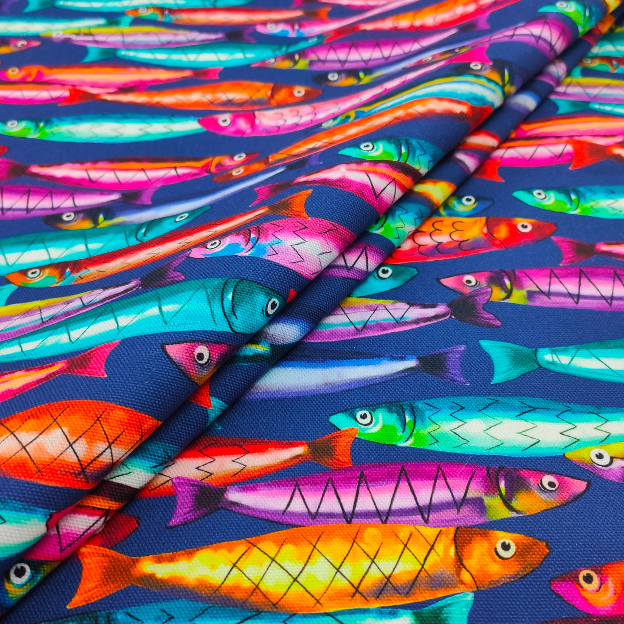 Stoffa panama stampato sardine multicolor toni blu
