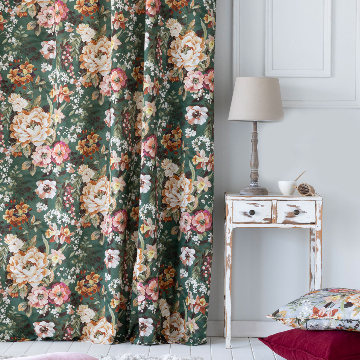 Panama Cotone Fiori Sfondo Petrolio H 280 cm Image