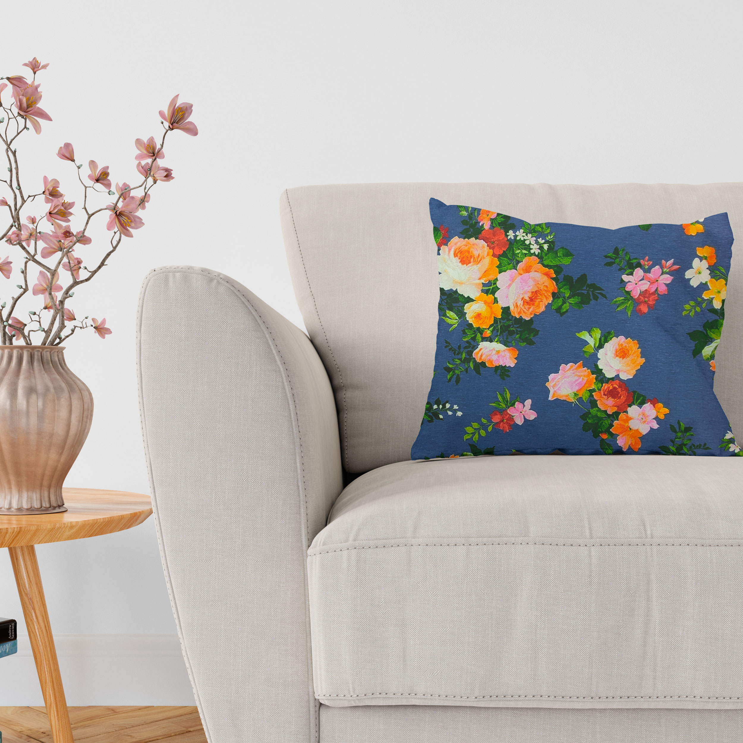 Tessuto Misto Cotone Rose Colorate Sfondo Blu