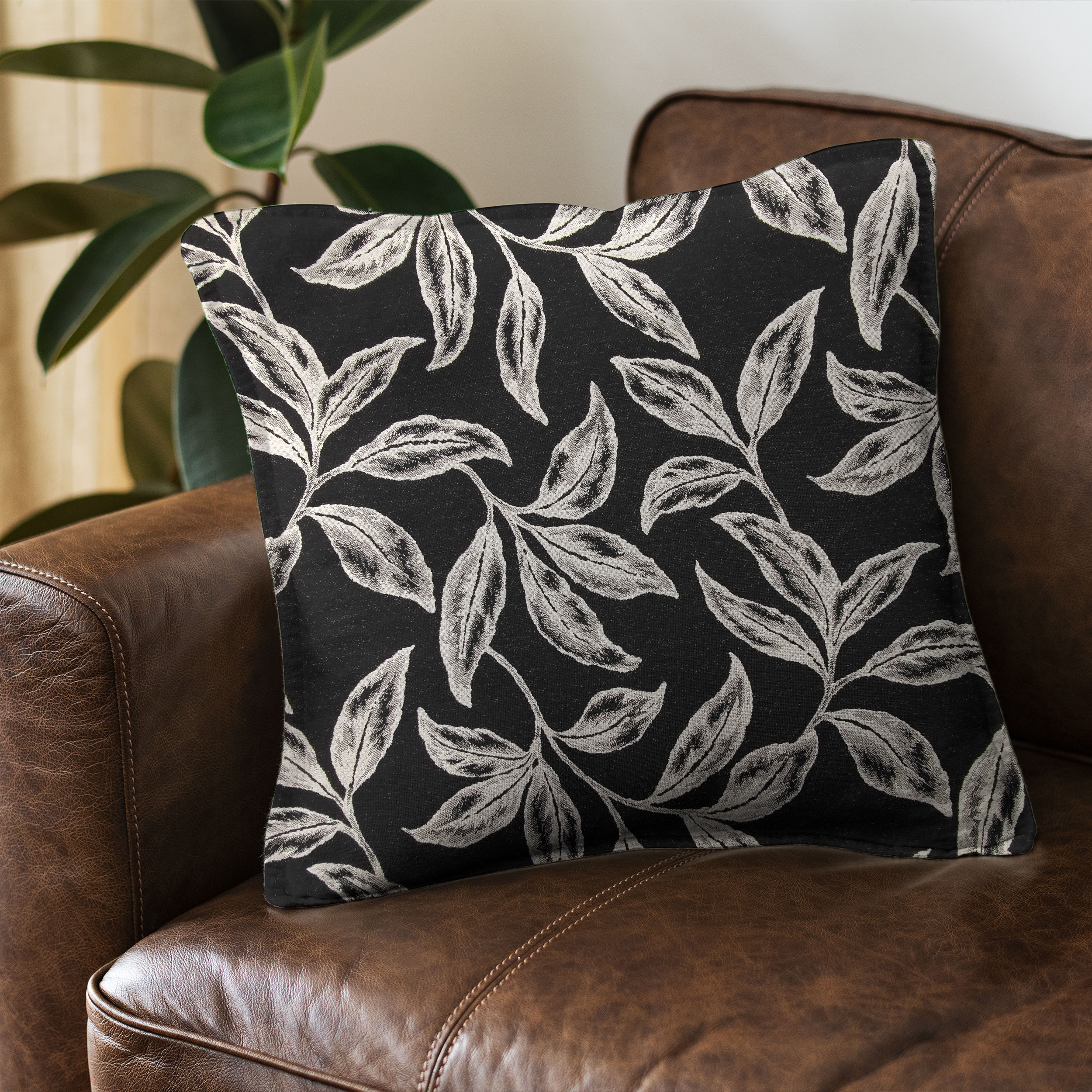 Tessuto Jacquard Sfondo Nero Foglie Bianche