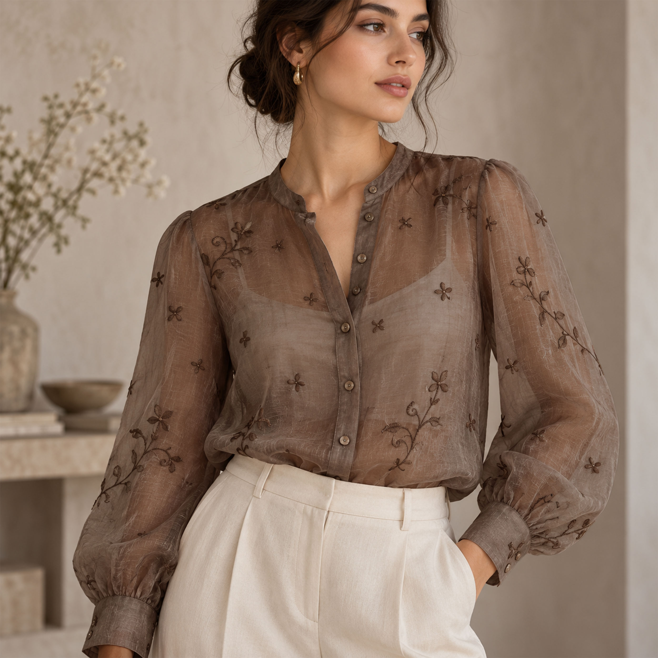Organza Mano Setata Ricamata Marrone Image