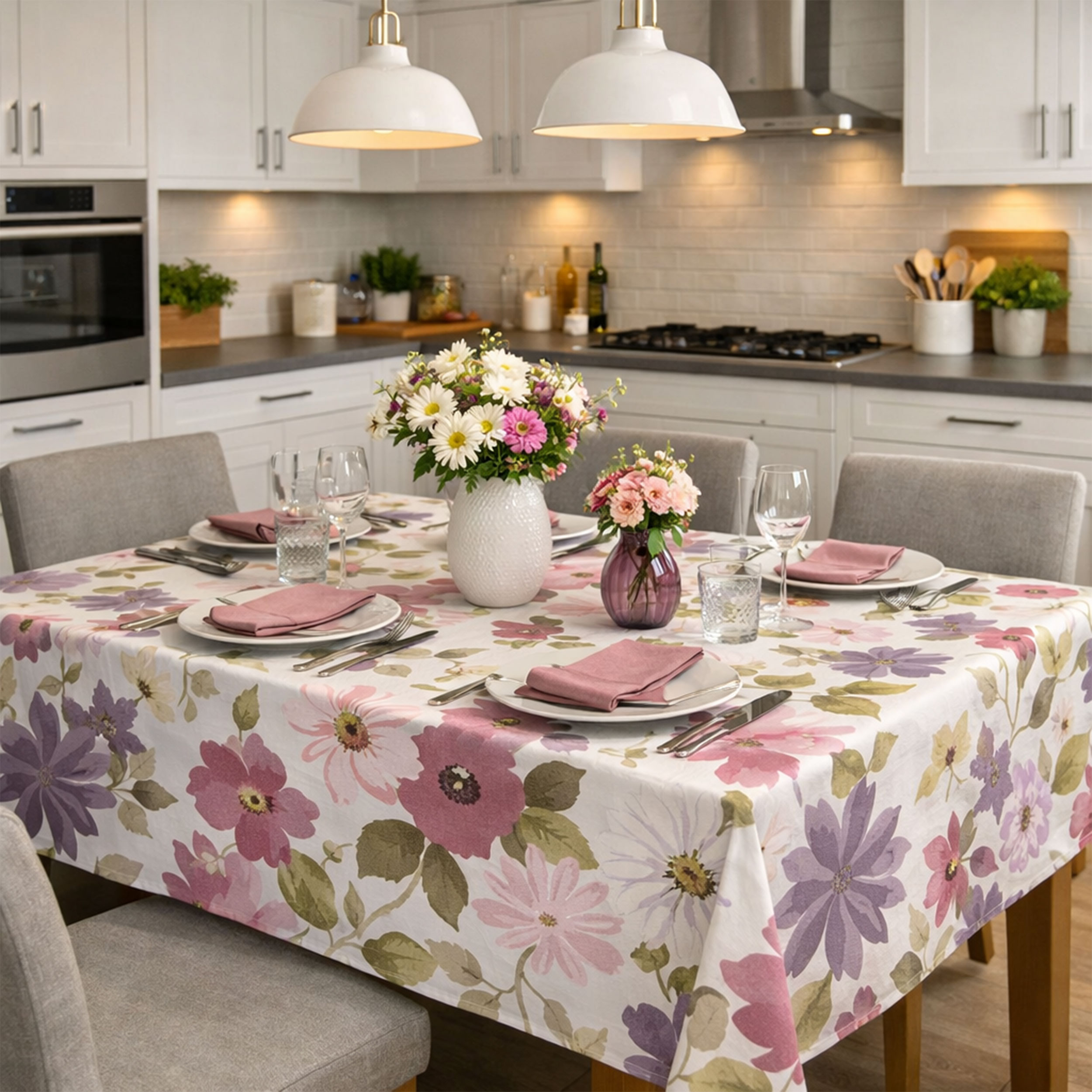Tessuto per Tovaglia Plastificata Fiori Toni Rosa Image