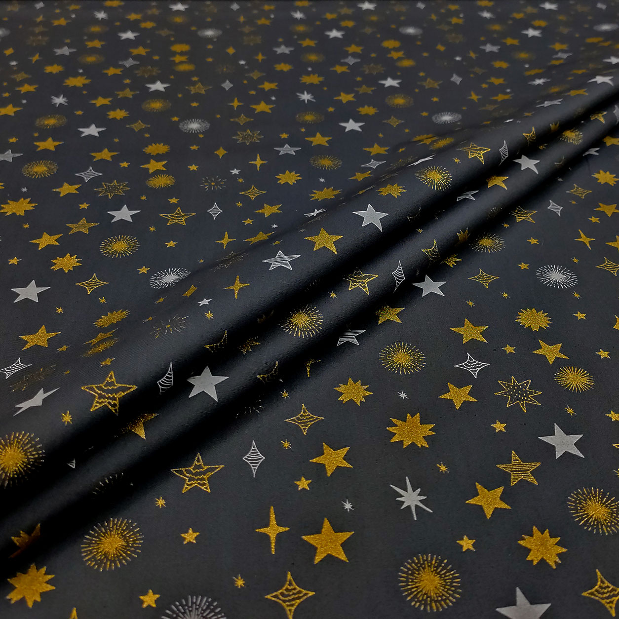 Tessuto Cotone Stelle Oro Bianco Sfondo Grigio