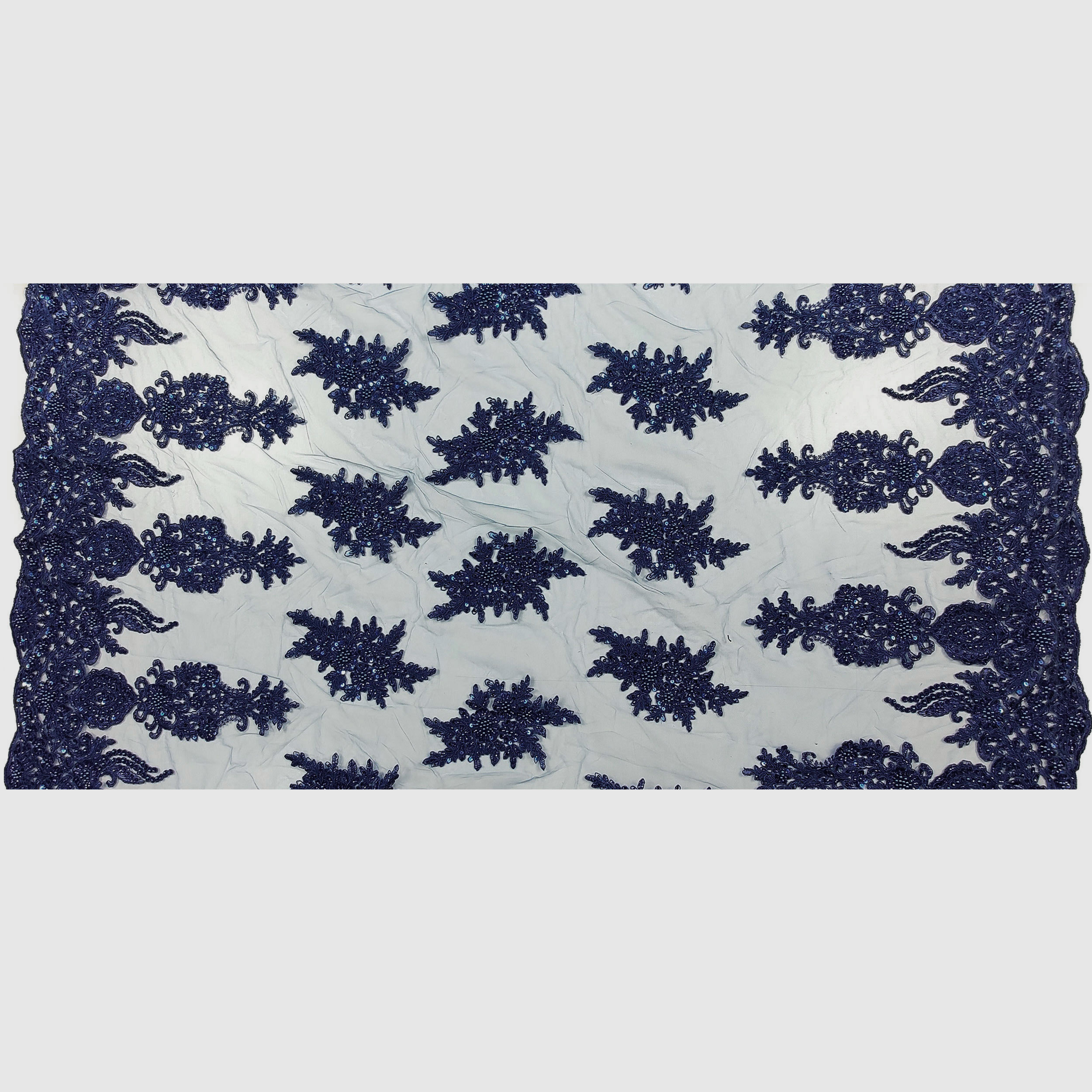 Tessuto Tulle - Pizzo Mano Seta Ricamato Con Paillettes Motivo Floreale Blu Notte D3 Tessuto Tulle - Pizzo Mano Seta Ricamato Con Paillettes Motivo Floreale Blu Notte D3