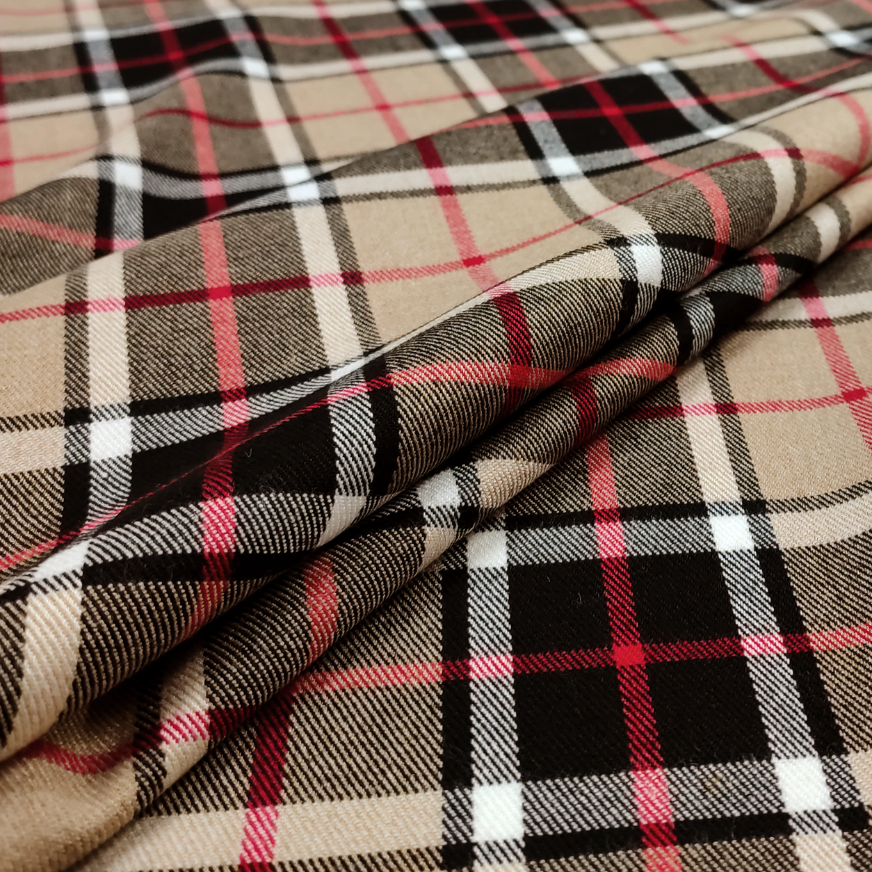 Tessuto abbigliamento scozzese beige e rosso righe sottili copia