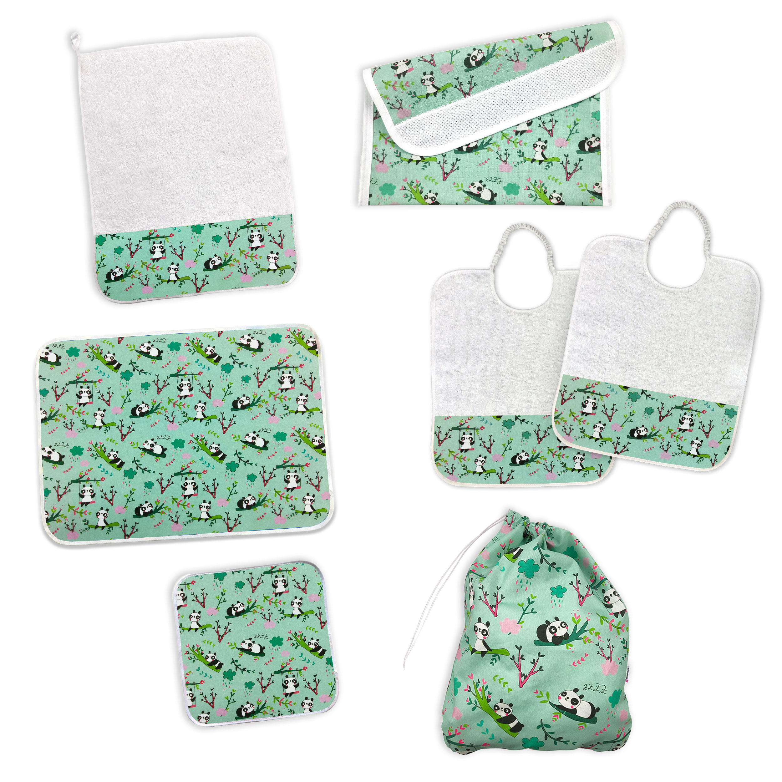 Coordinato Asilo Panda Sfondo Verde Menta
