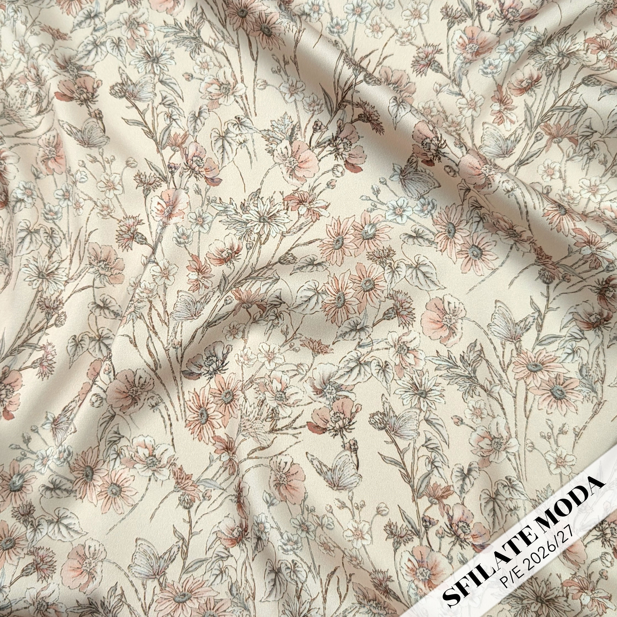 Raso Setato Cipria Alta Moda Farfalle e Fiori Image