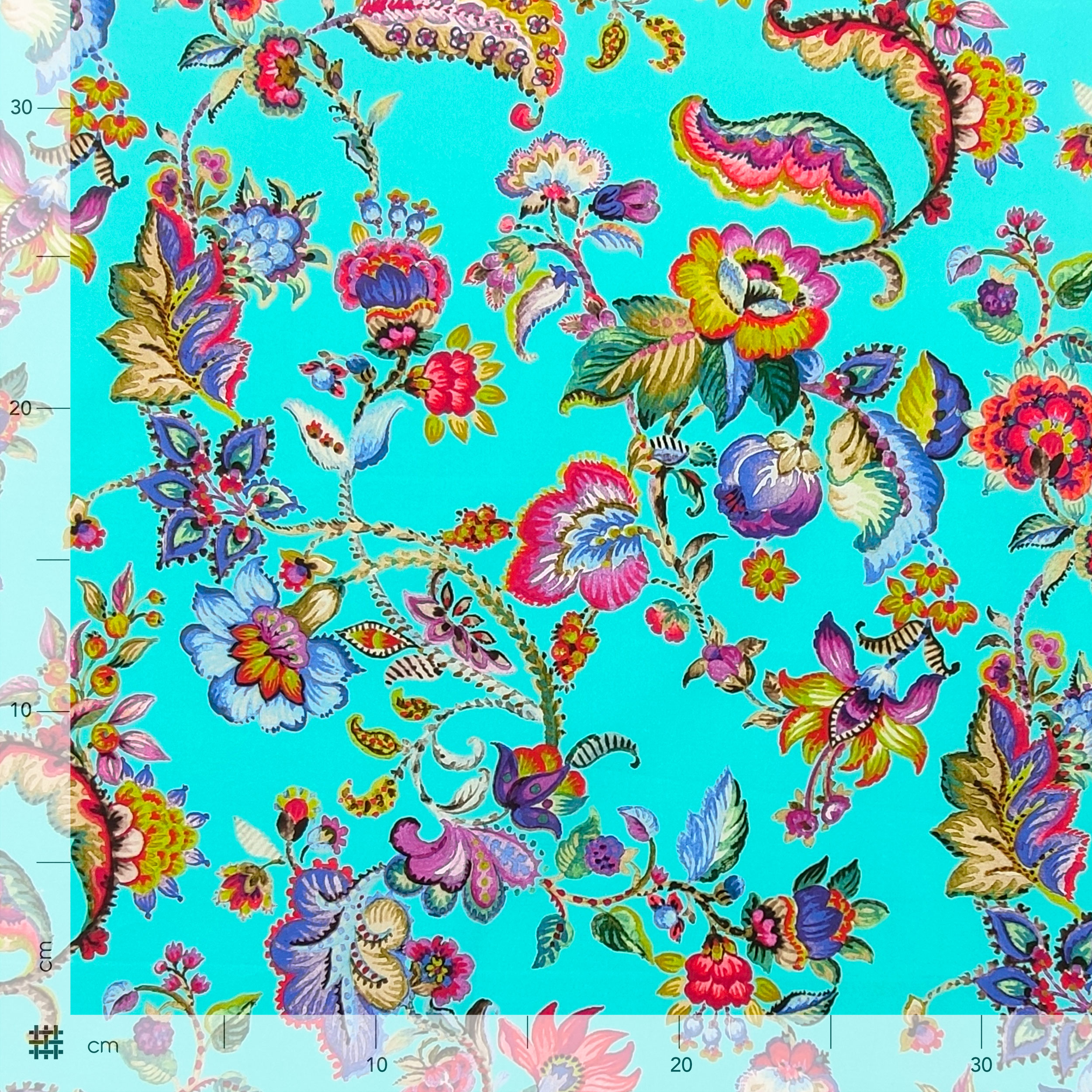 Cotone Elasticizzato Sfondo Ciano con Fiori