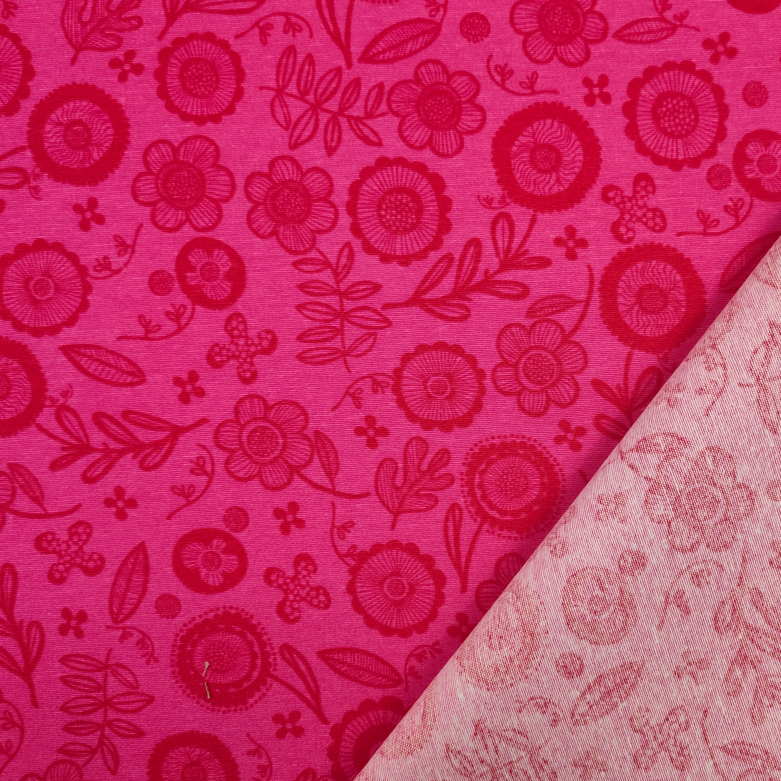 Tessuto Misto Cotone Fantasia Fiori Disegnati Fuxia