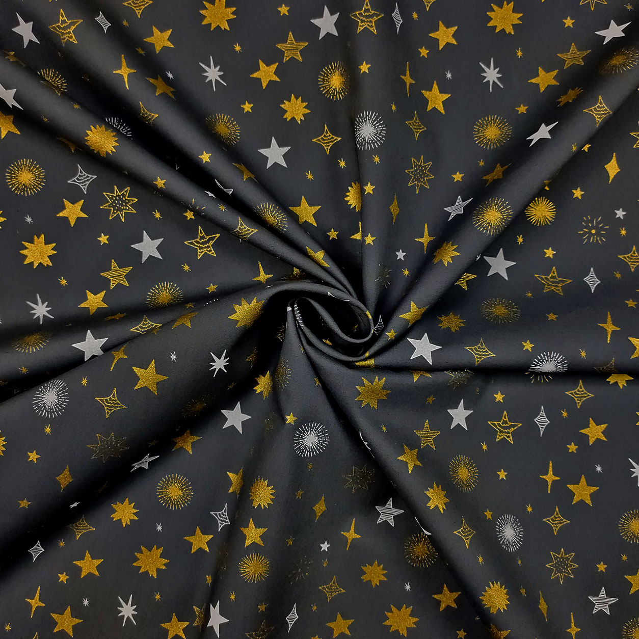 Tessuto Cotone Stelle Oro Bianco Sfondo Grigio