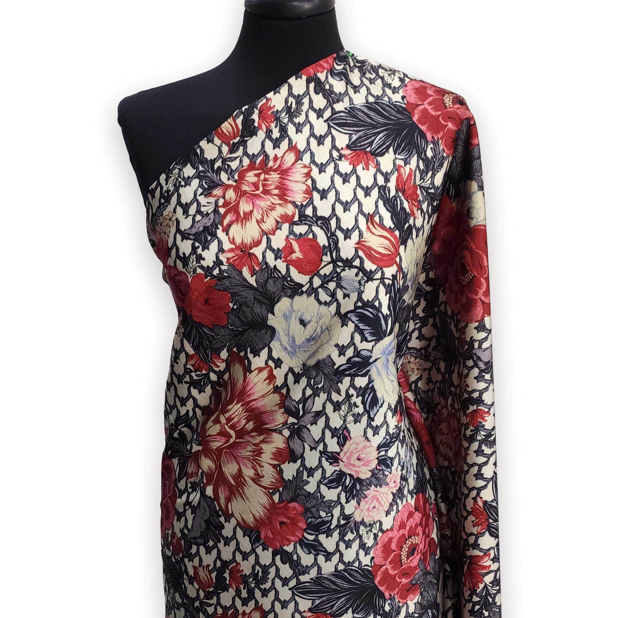 Raso Setato Alta Moda Fantasia Fiori e Rose Rosse