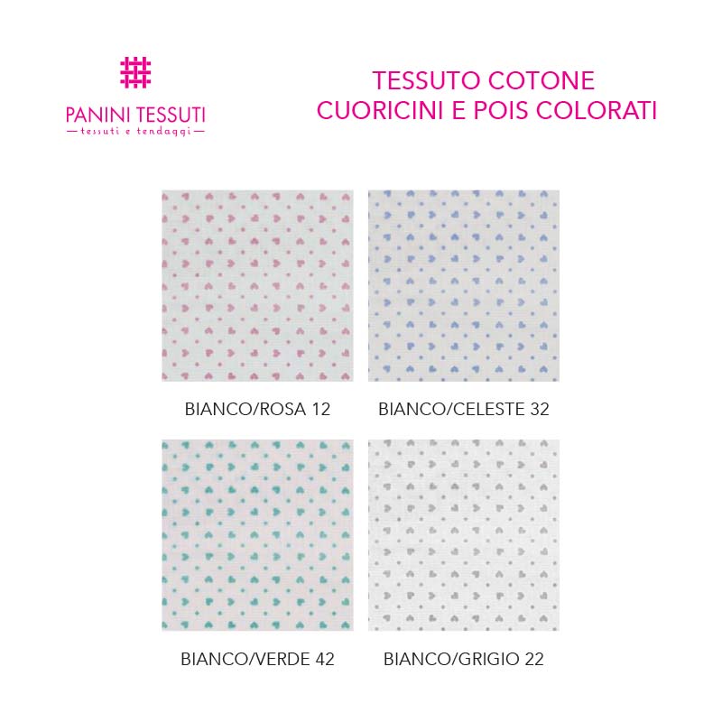 tessuto in cotone Cuoricini e Pois colorati sfondo bianco