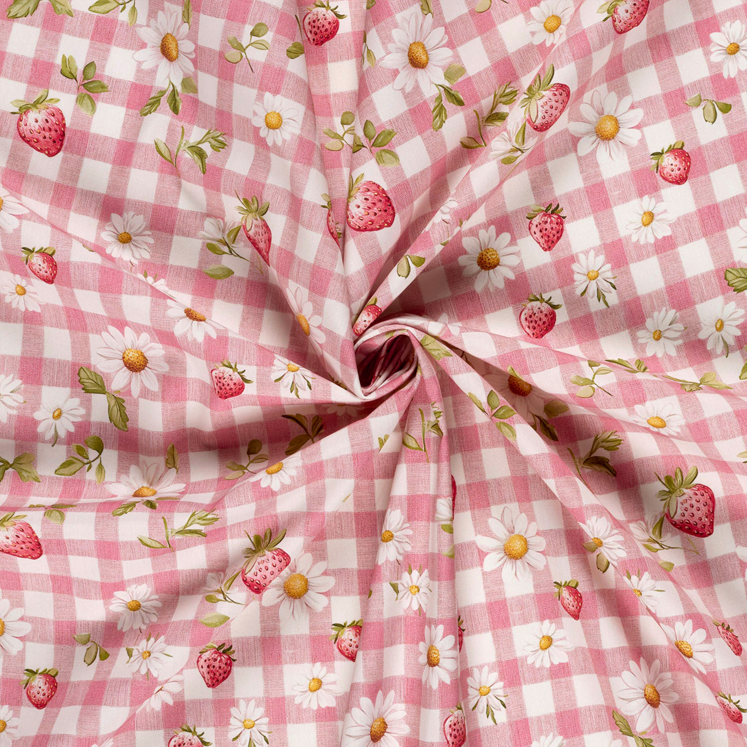 Popeline Cotone Quadretti Rosa e Fragole Image