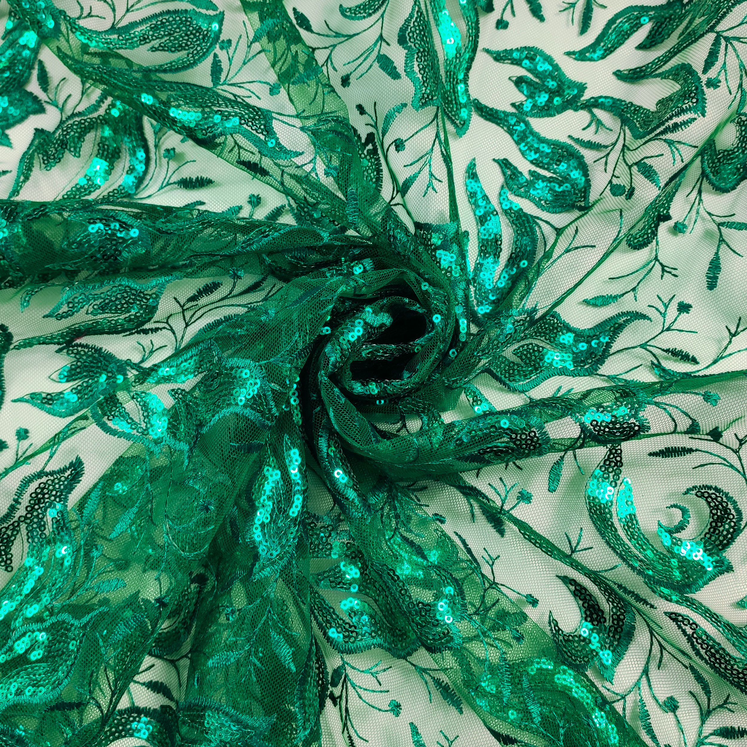 Tulle Ricamato Foglie con Paillettes Verde Image