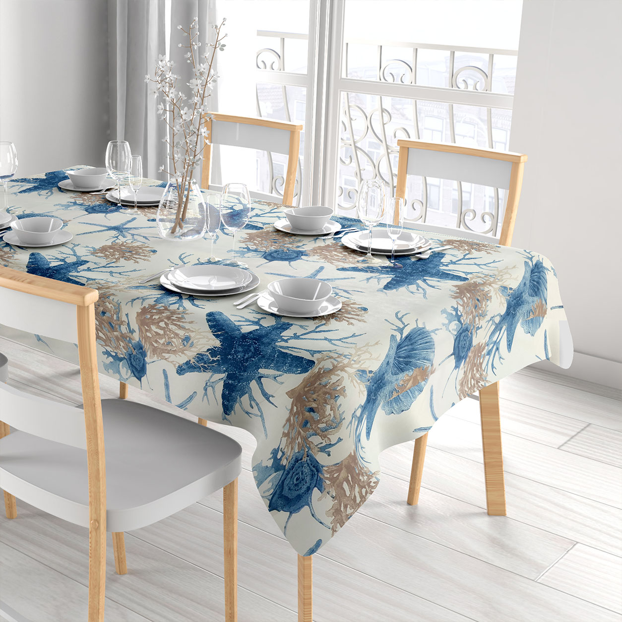 Tessuto Cotone con Coralli Stelle Marine Blu