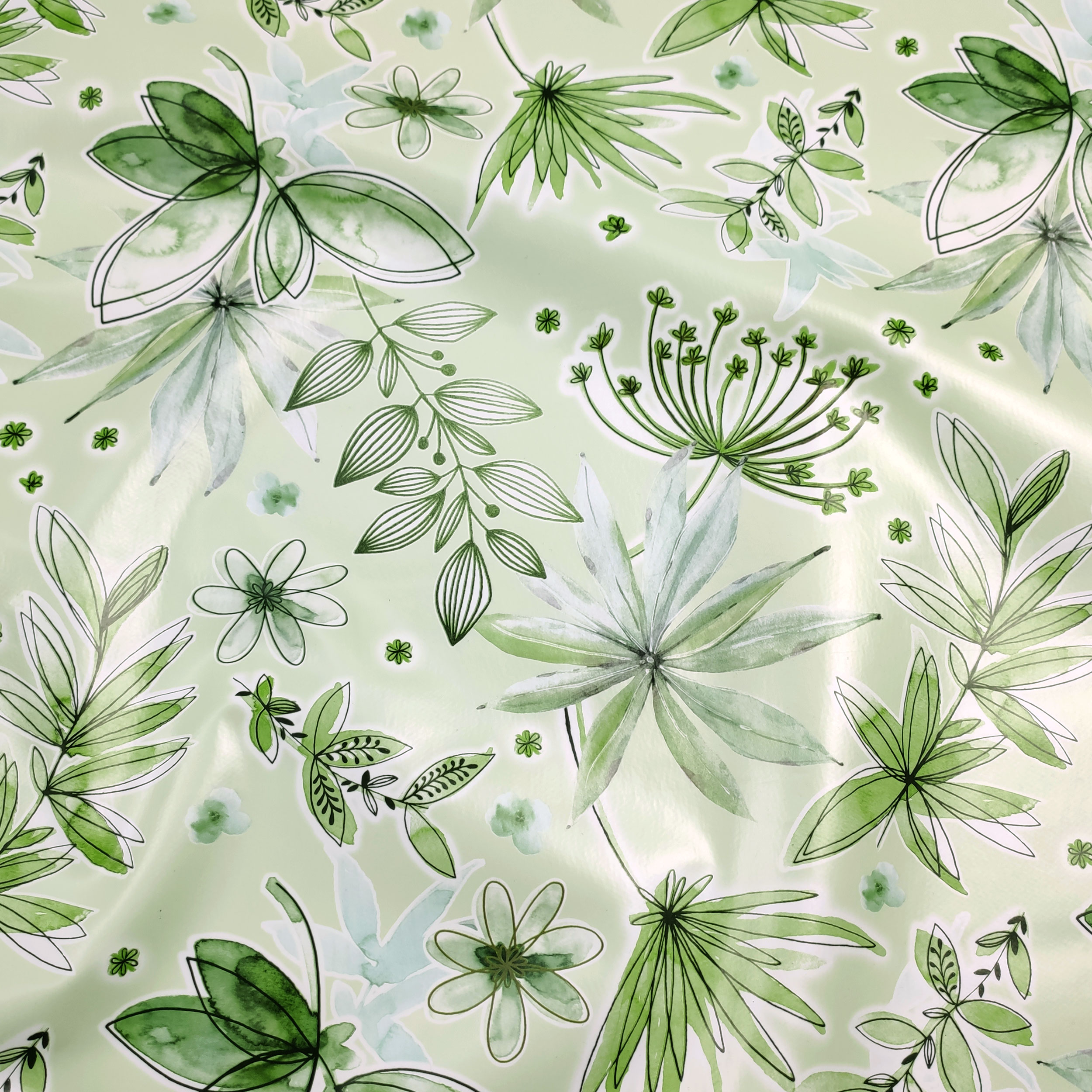 Tessuto per Tovaglia Plastificata Fiori Toni del Verde