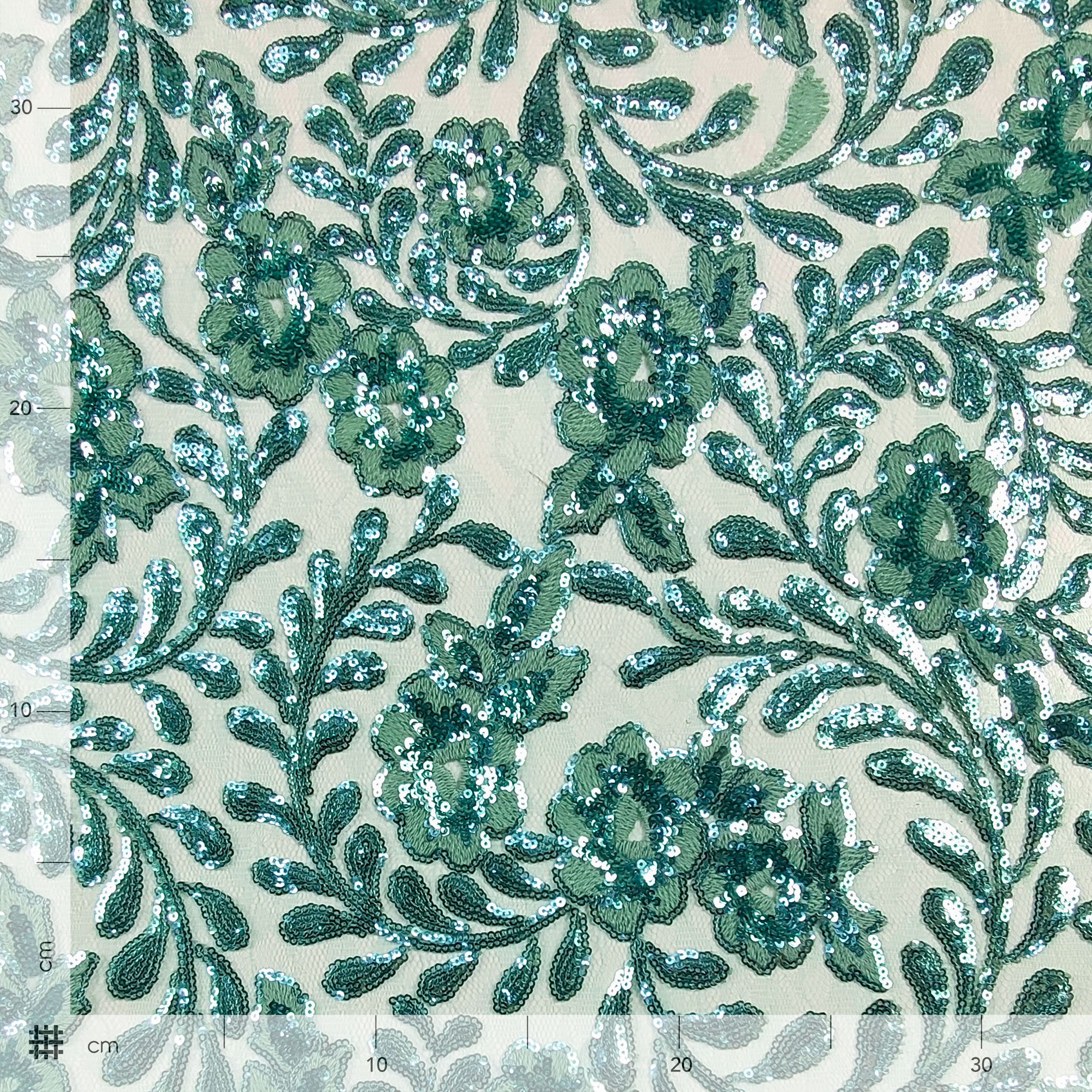 Tulle Ricamato Fiori con Paillettes Verde Acqua