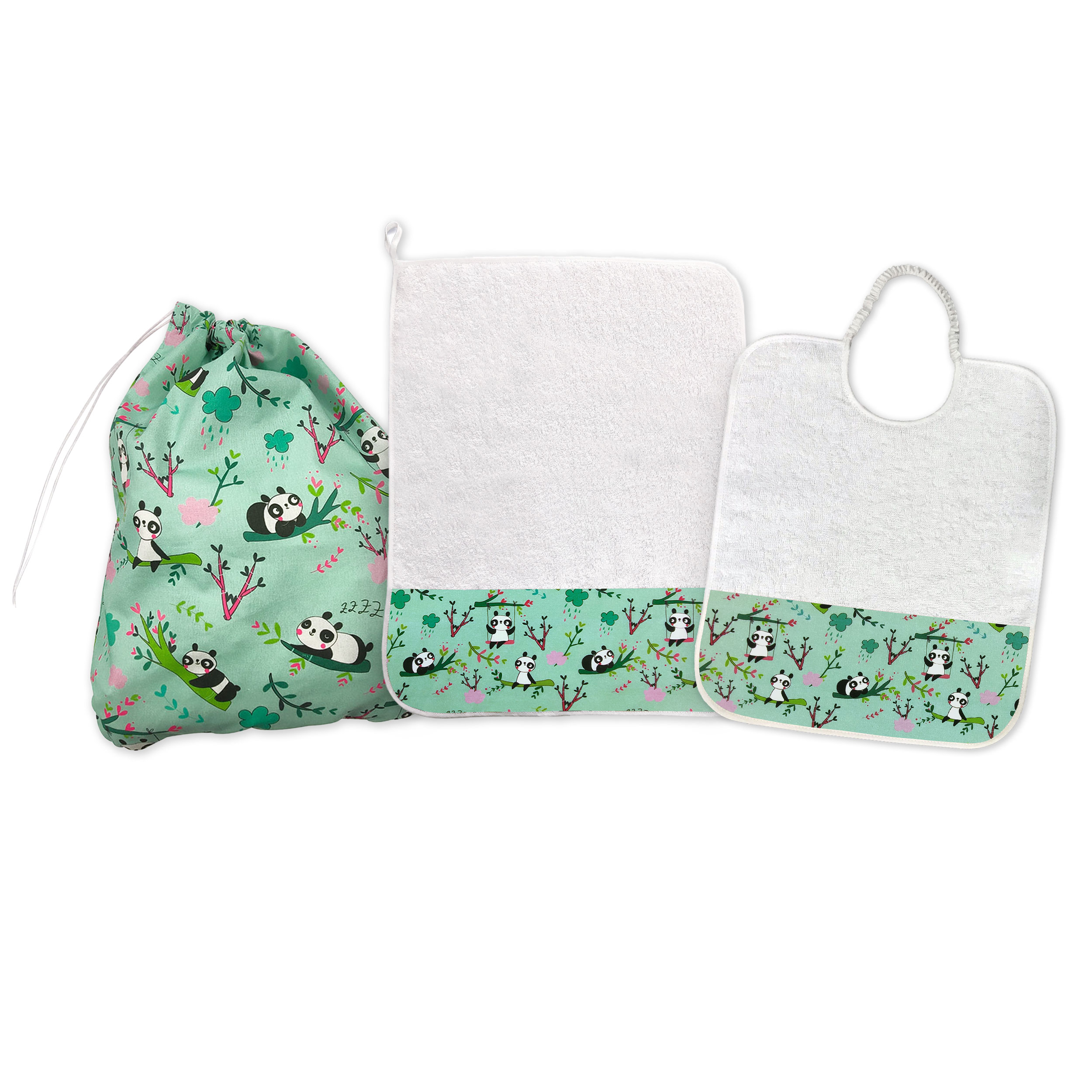 Coordinato Asilo Mini Panda Sfondo Verde Menta