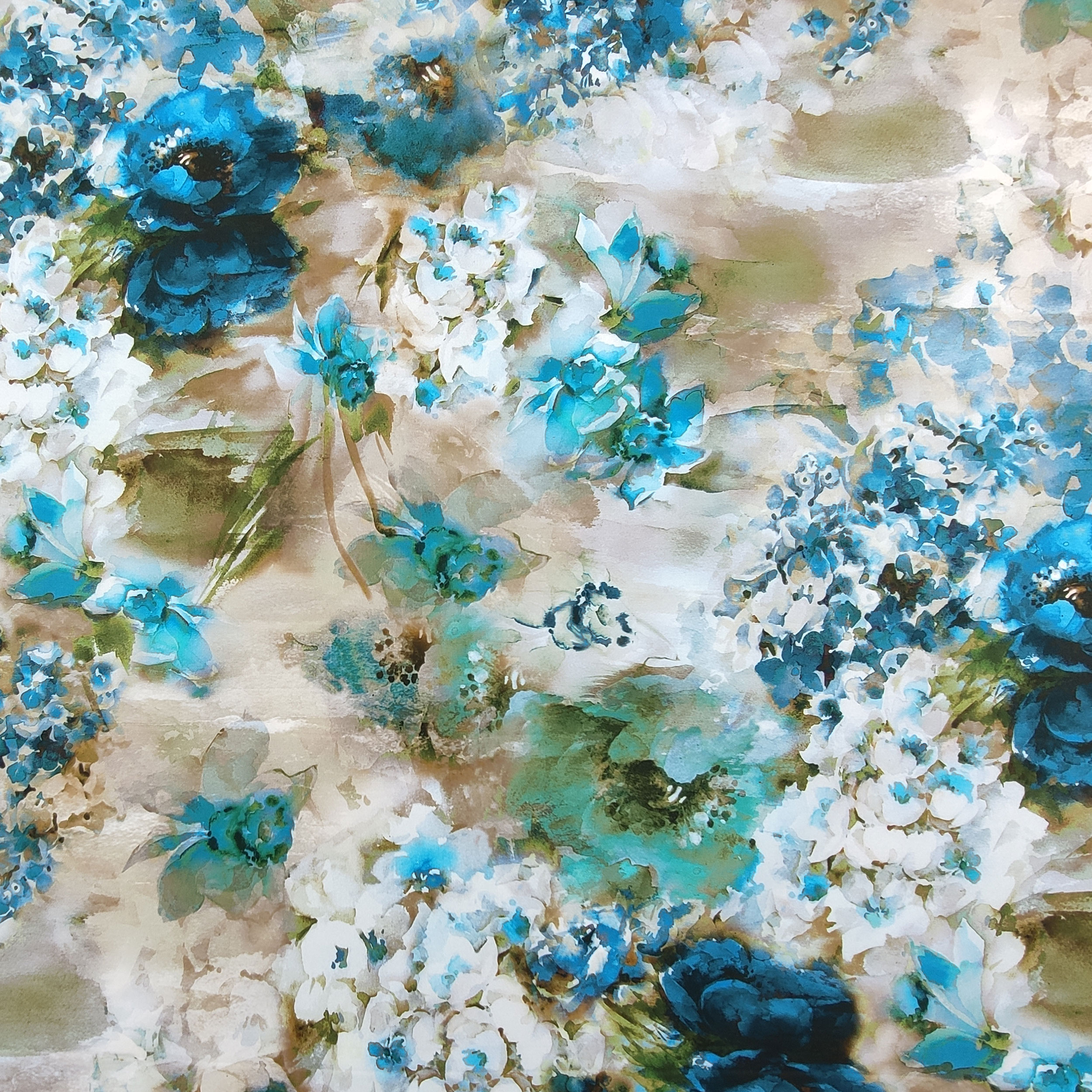 Cotone Elasticizzato Fantasia Fiori Dipinti in Blu