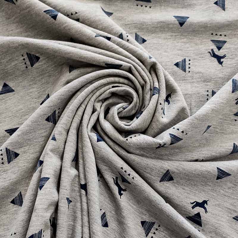 Tessuto Jersey Grigio Melange con Unicorni e Geometrie